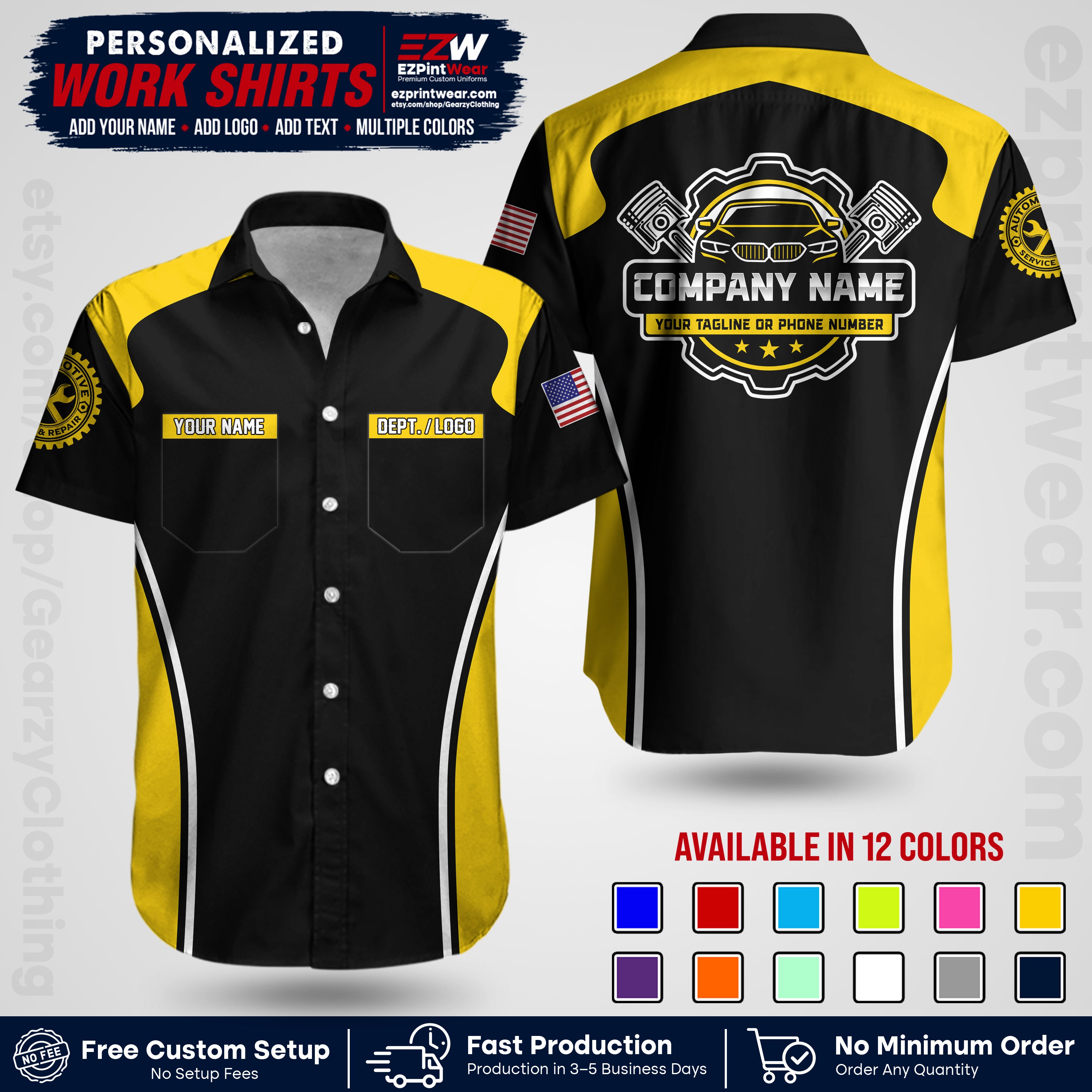 Custom Mechanic Work Shirt with Name, Logo & Text | Auto Shop Uniform | Workwear MCN 10
