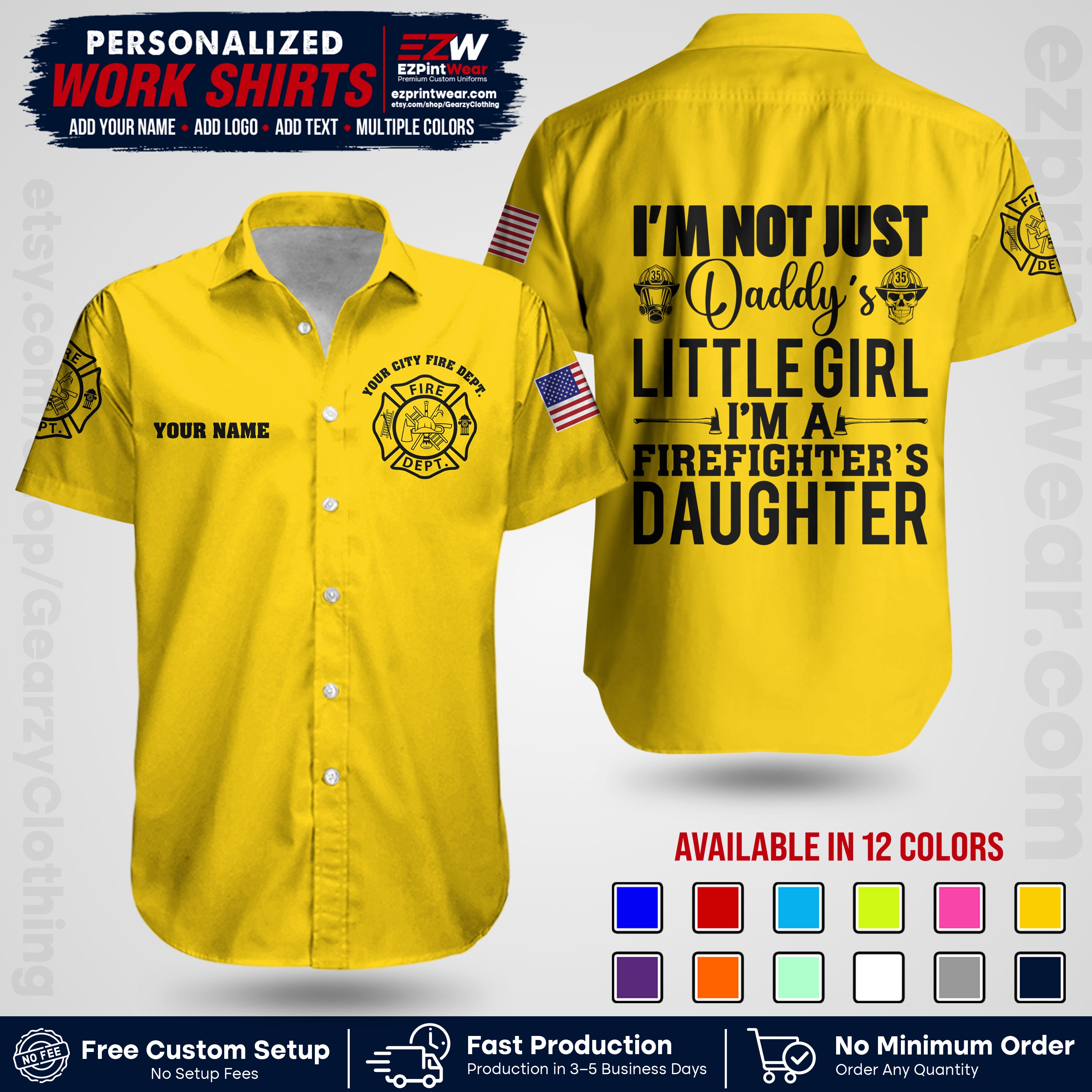 Custom Fire Department Shirt with Name, City Logo & Text | Firefighter Uniform | Button Up Work Shirt FF08