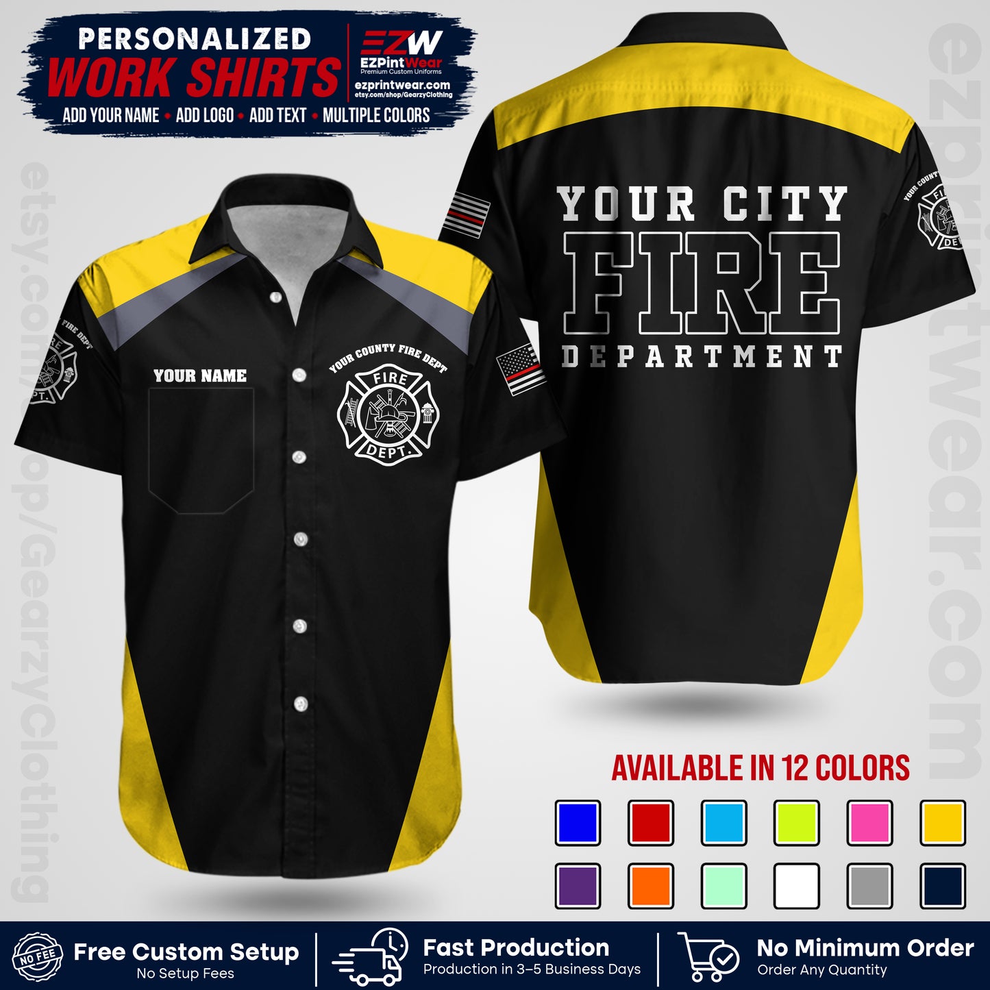 Custom Fire Department Shirt with Name, City Logo & Text | Firefighter Uniform | Button Up Work Shirt FF04