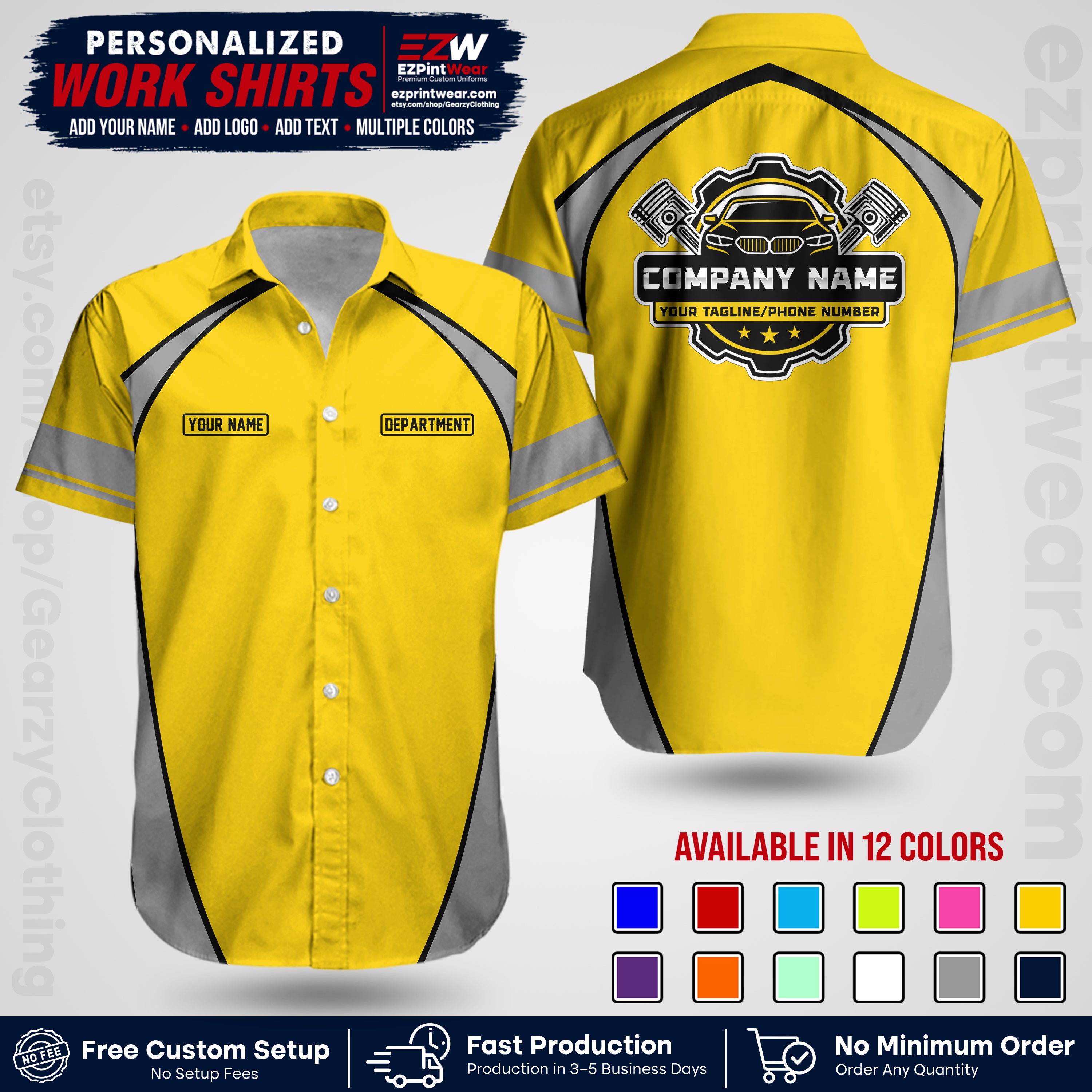 Custom Mechanic Work Shirt with Name, Logo & Text | Auto Shop Uniform | Workwear MCN 09