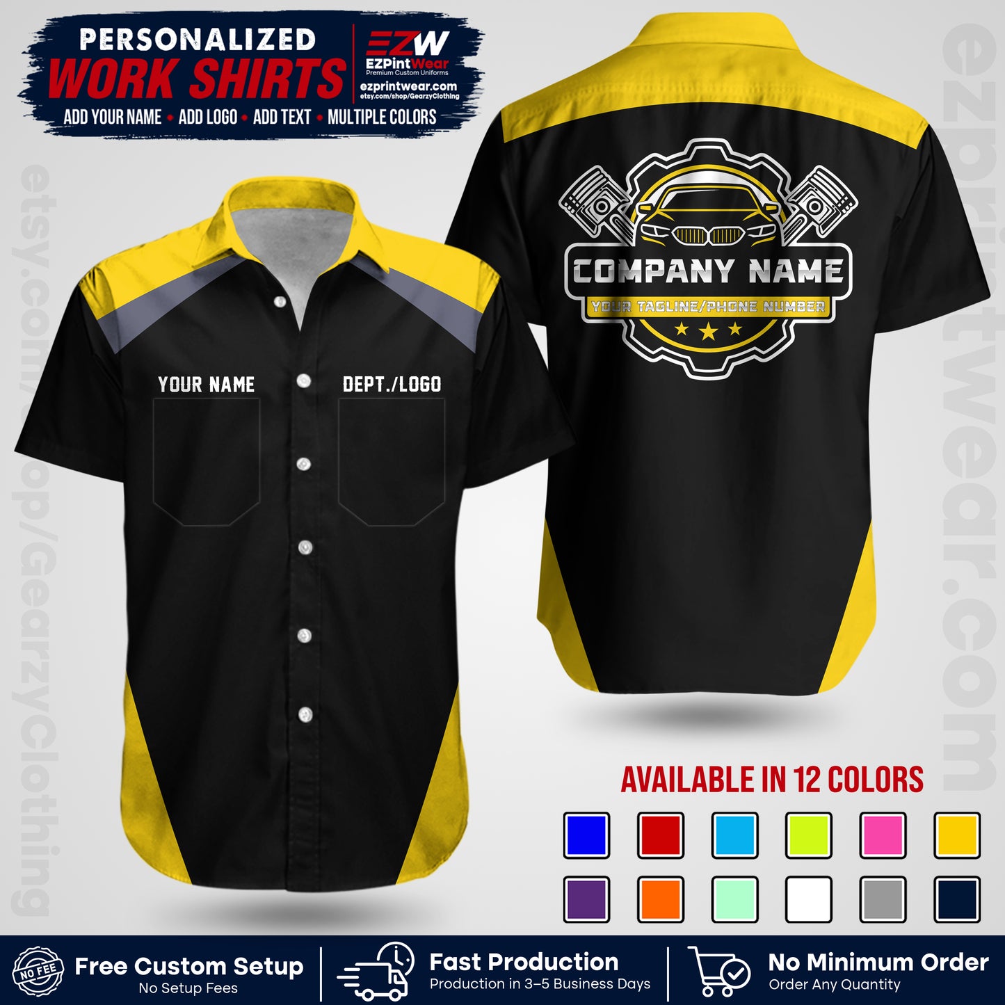 Custom Mechanic Work Shirt with Name, Logo & Text | Auto Shop Uniform | Workwear MCN 03