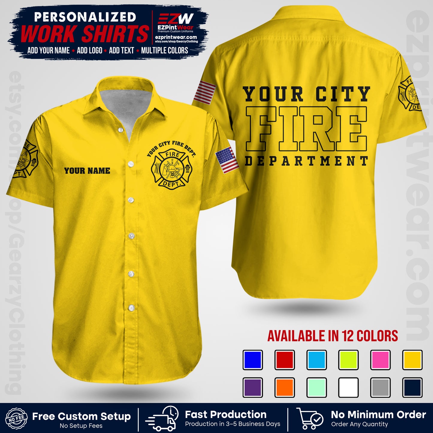 Custom Fire Department Shirt with Name, City Logo & Text | Firefighter Uniform | Button Up Work Shirt FF01