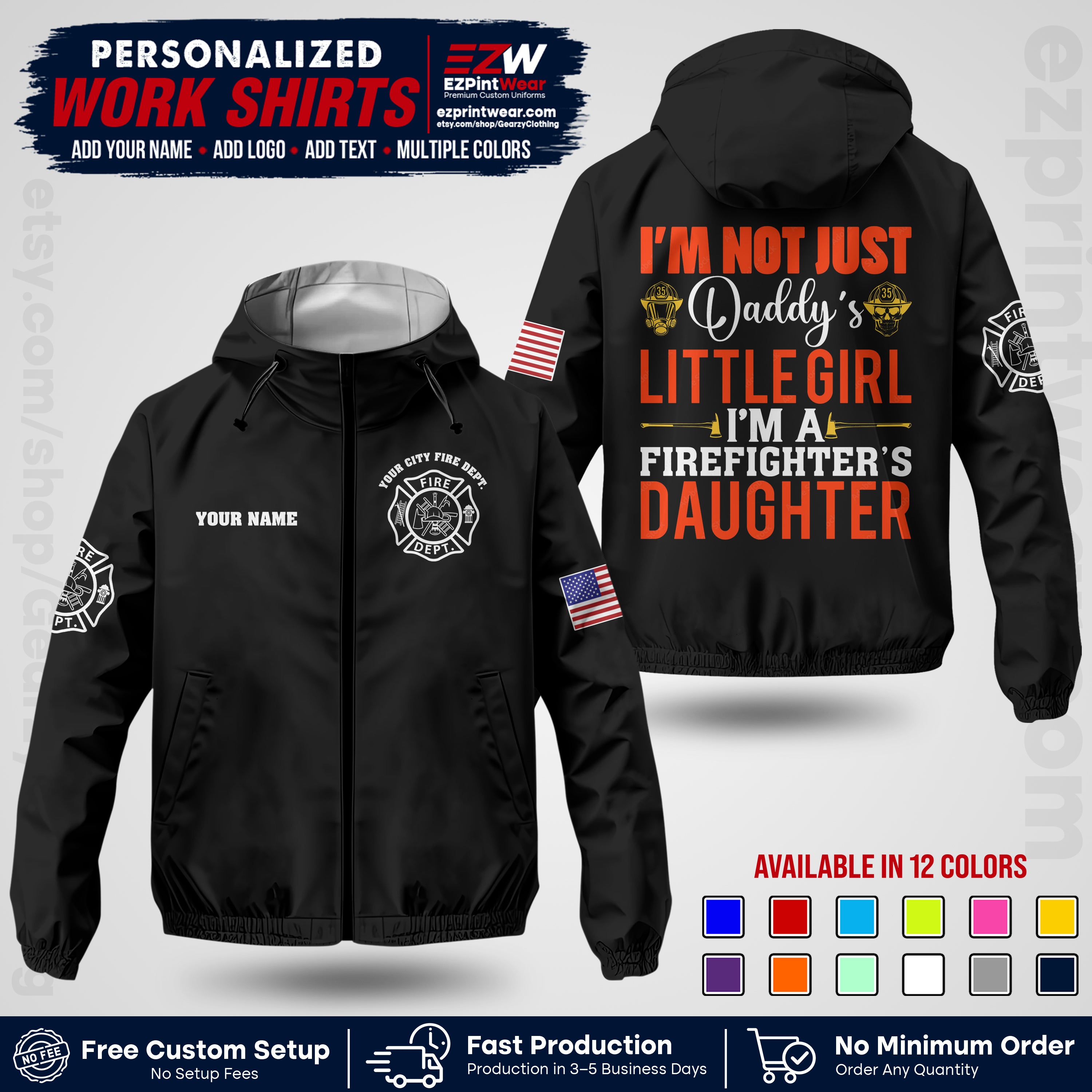 Custom Firefighter Windbreaker Jacket with Name, City Logo & Text | Fire Department Uniform | Employee Workwear FFJK08