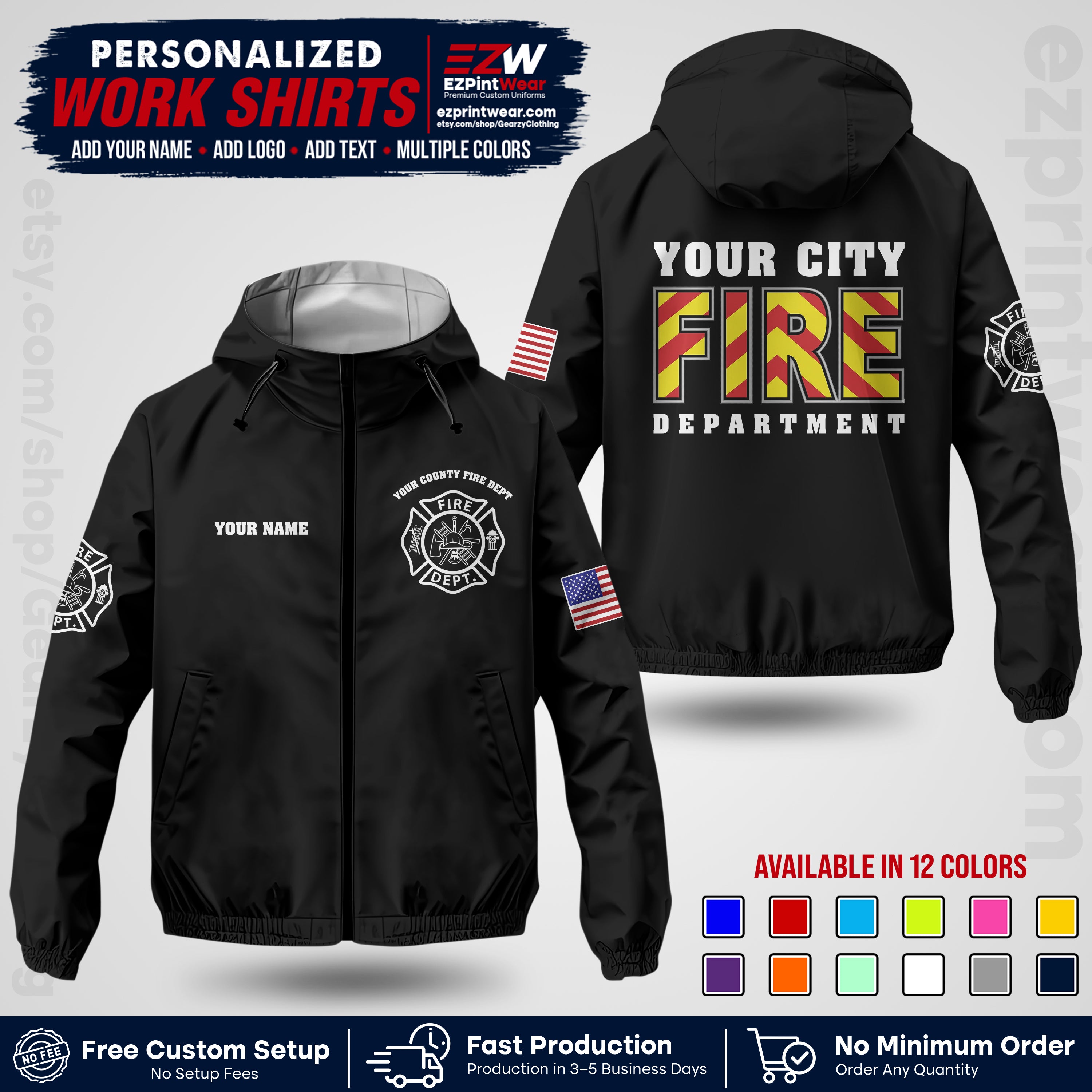 Custom Firefighter Windbreaker Jacket with Name, City Logo & Text | Fire Department Uniform | Employee Workwear FFJK05
