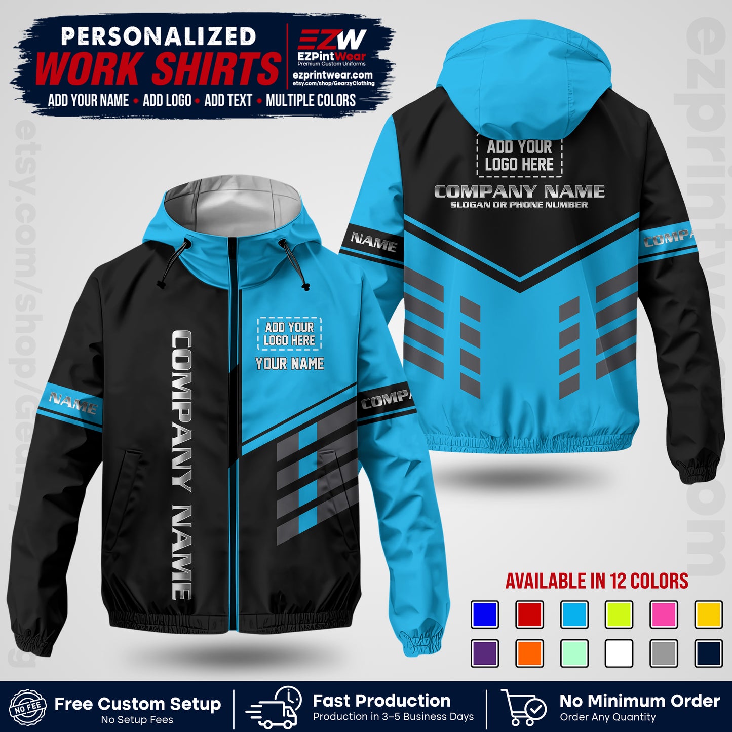 Custom Windbreaker Jacket with Name, Logo & Text, All Over Print Company Workwear, Employee Uniform WBJK09