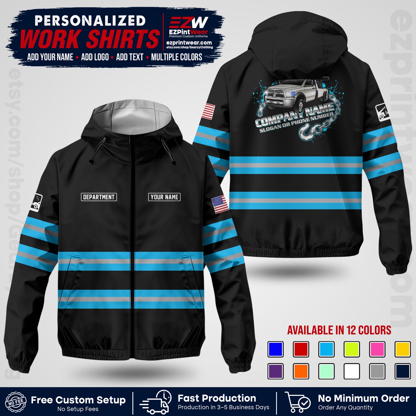 Custom Towing Windbreaker Jacket | Personalized Tow Truck Workwear | Non-Reflective Safety Stripe Jacket | Add Name Logo Text | Custom Windbreaker Jacket | Tow Truck Jacket TWJK 05