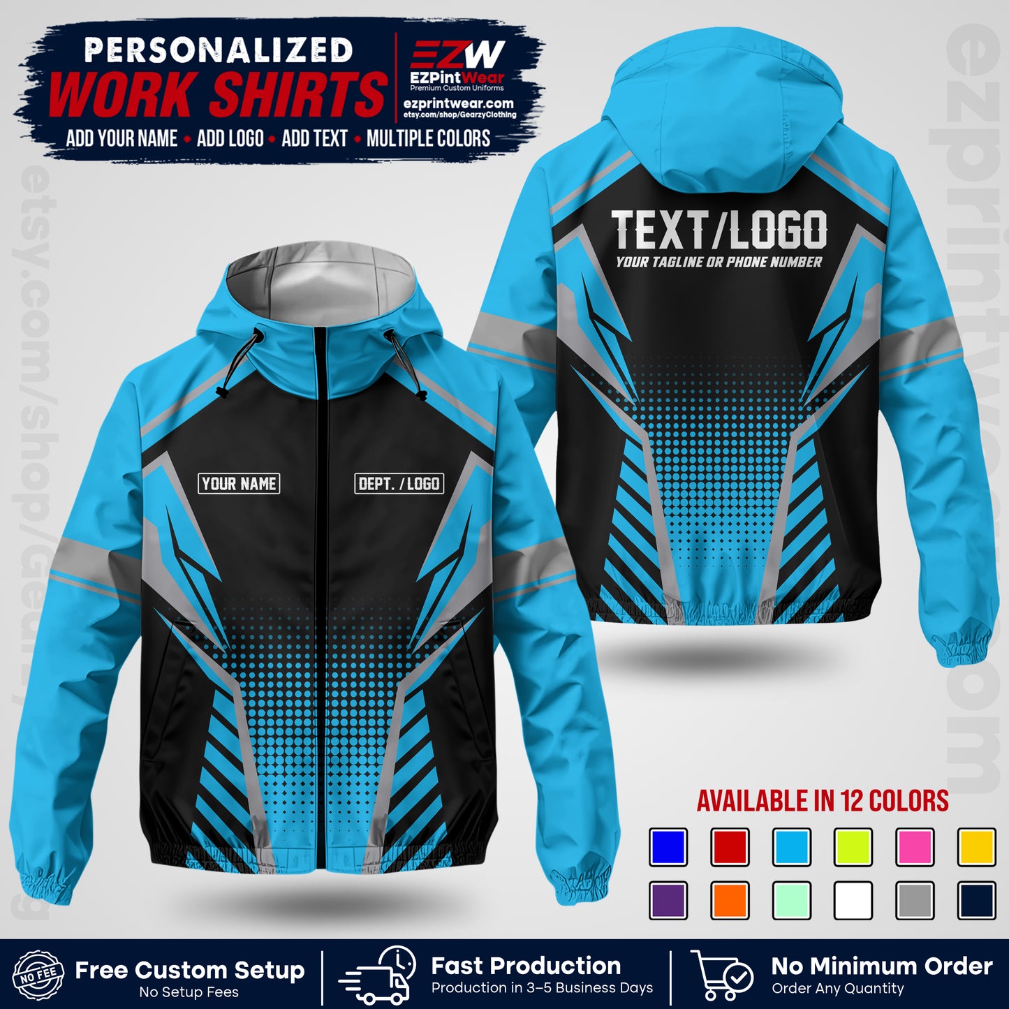 Custom Windbreaker Jacket with Name, Logo & Text, All Over Print Company Workwear, Employee Uniform WBJK13
