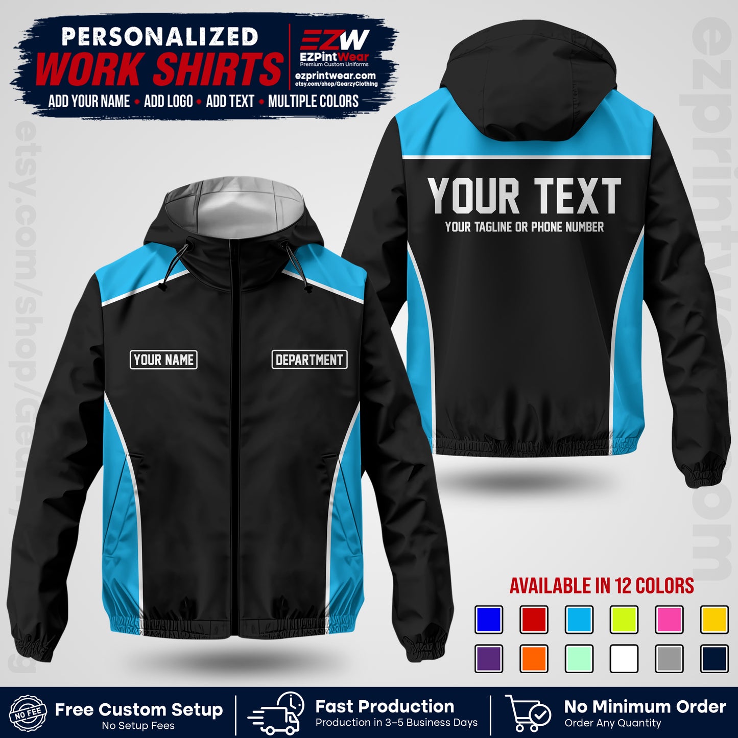Custom Windbreaker Jacket with Name, Logo & Text, All Over Print Company Workwear, Employee Uniform WBJK12