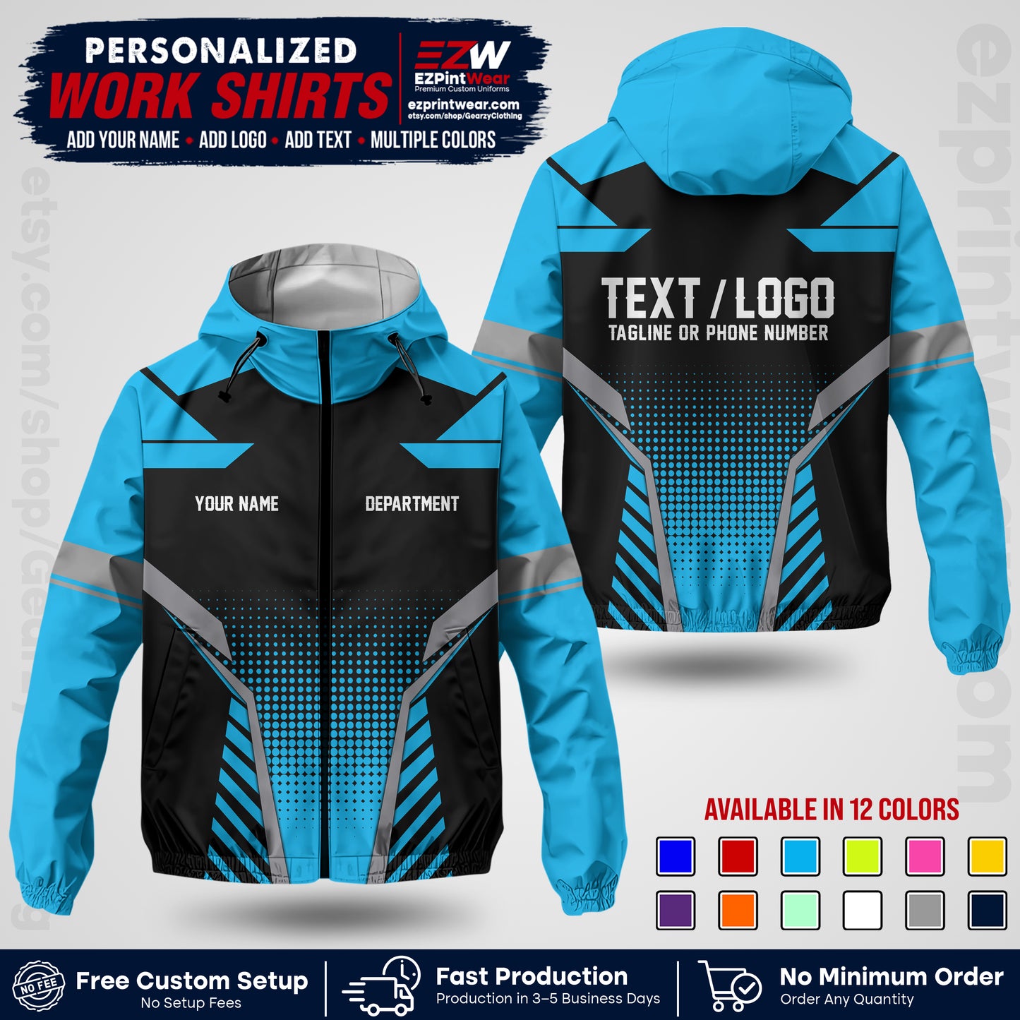 Custom Windbreaker Jacket with Name, Logo & Text, All Over Print Company Workwear, Employee Uniform WBJK01