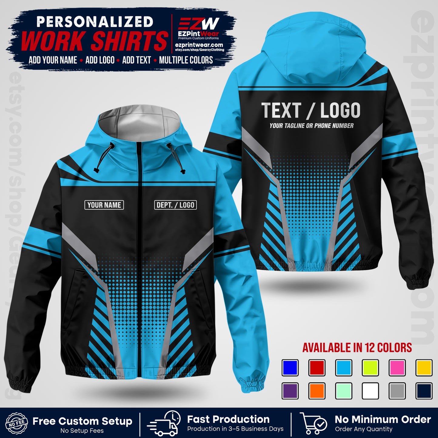 Custom Windbreaker Jacket with Name, Logo & Text, All Over Print Company Workwear, Employee Uniform WBJK08