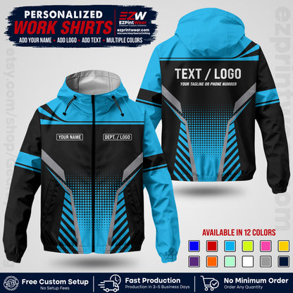 Custom Windbreaker Jacket with Name, Logo & Text, All Over Print Company Workwear, Employee Uniform WBJK08