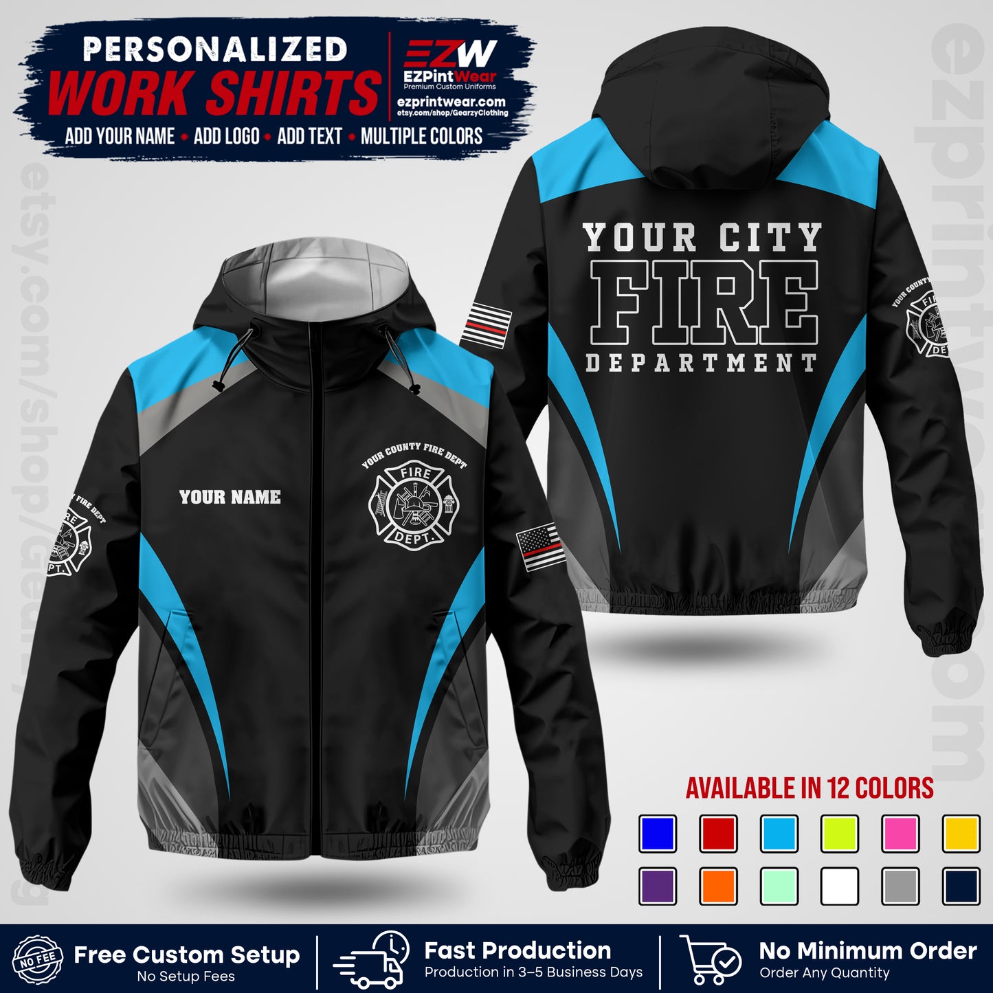 Custom Firefighter Windbreaker Jacket with Name, City Logo & Text | Fire Department Uniform | Employee Workwear FFJK02