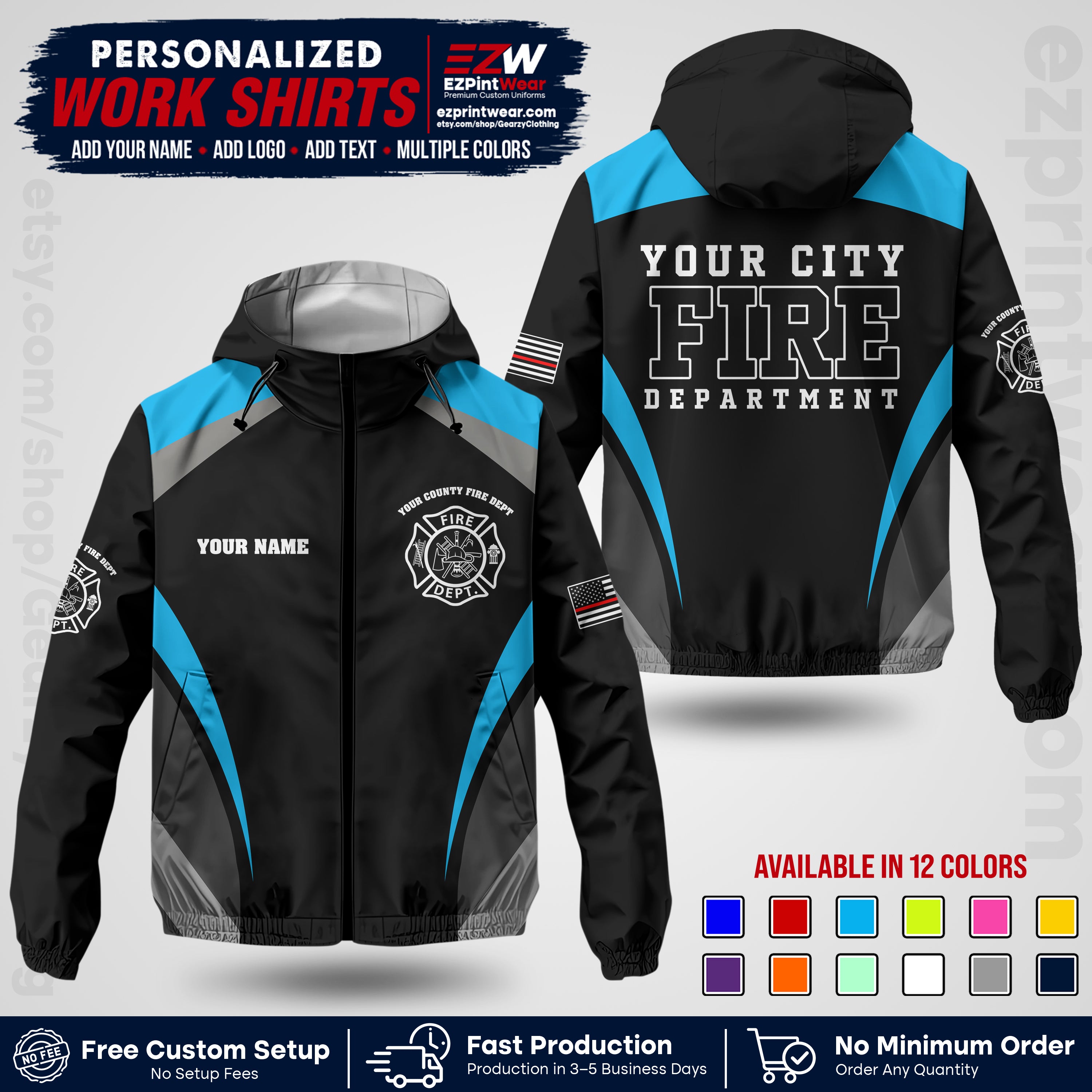 Custom Firefighter Windbreaker Jacket with Name, City Logo & Text | Fire Department Uniform | Employee Workwear FFJK02