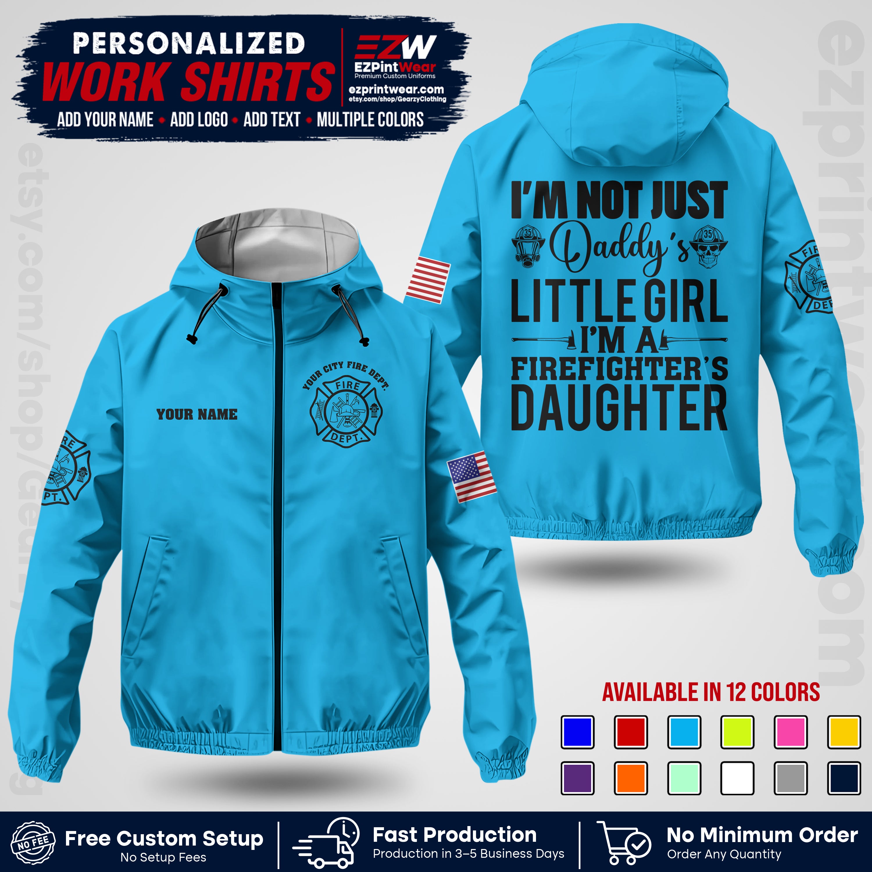 Custom Firefighter Windbreaker Jacket with Name, City Logo & Text | Fire Department Uniform | Employee Workwear FFJK08
