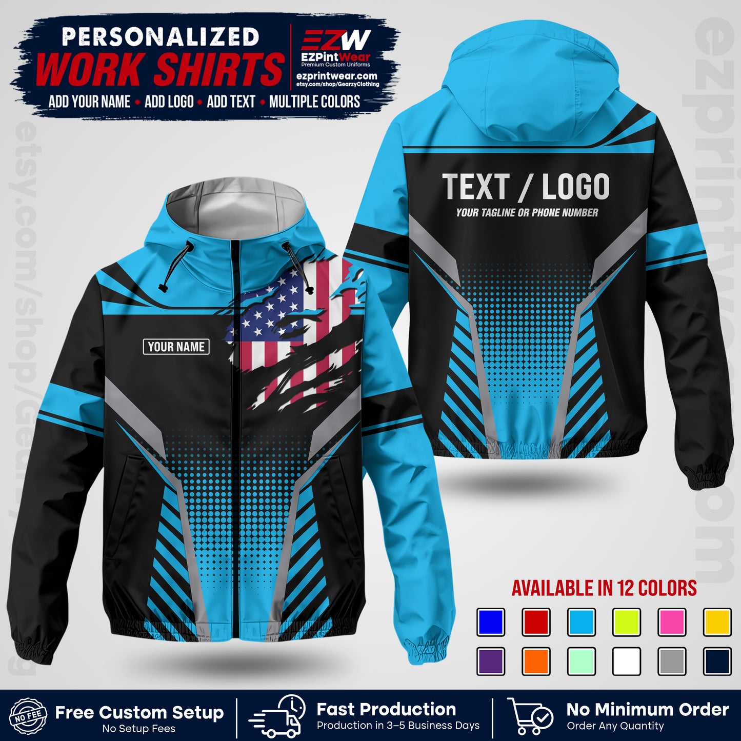 Custom Windbreaker Jacket with Name, Logo & Text, All Over Print Company Workwear, Employee Uniform WBJK07