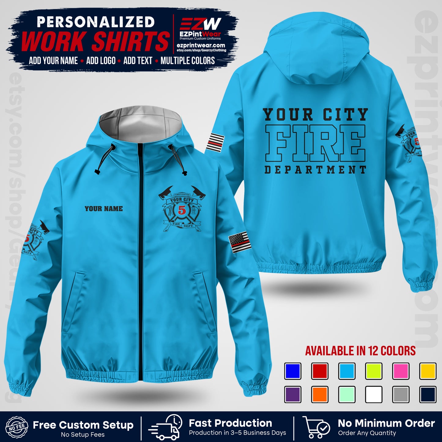 Custom Firefighter Windbreaker Jacket with Name, City Logo & Text | Fire Department Uniform | Employee Workwear FFJK07