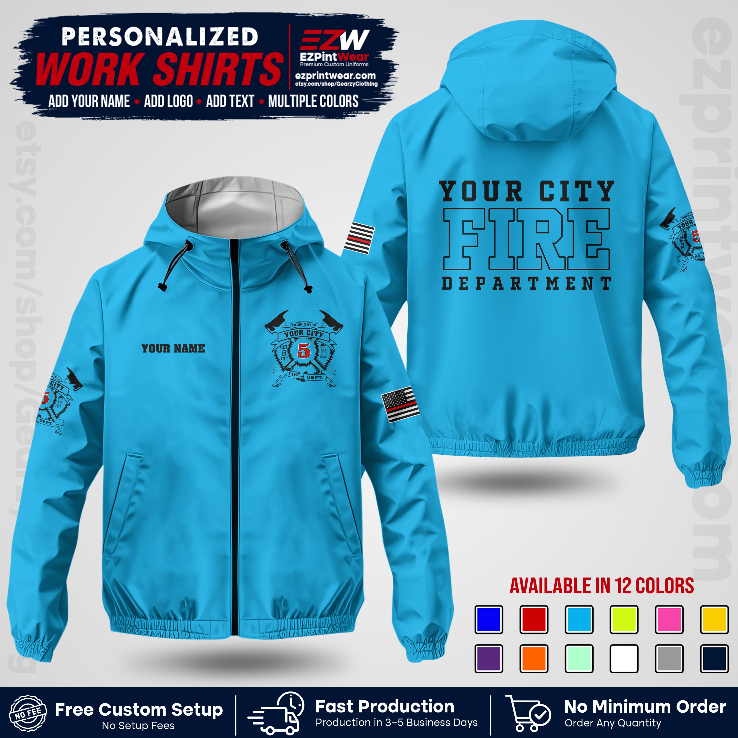 Custom Firefighter Windbreaker Jacket with Name, City Logo & Text | Fire Department Uniform | Employee Workwear FFJK07