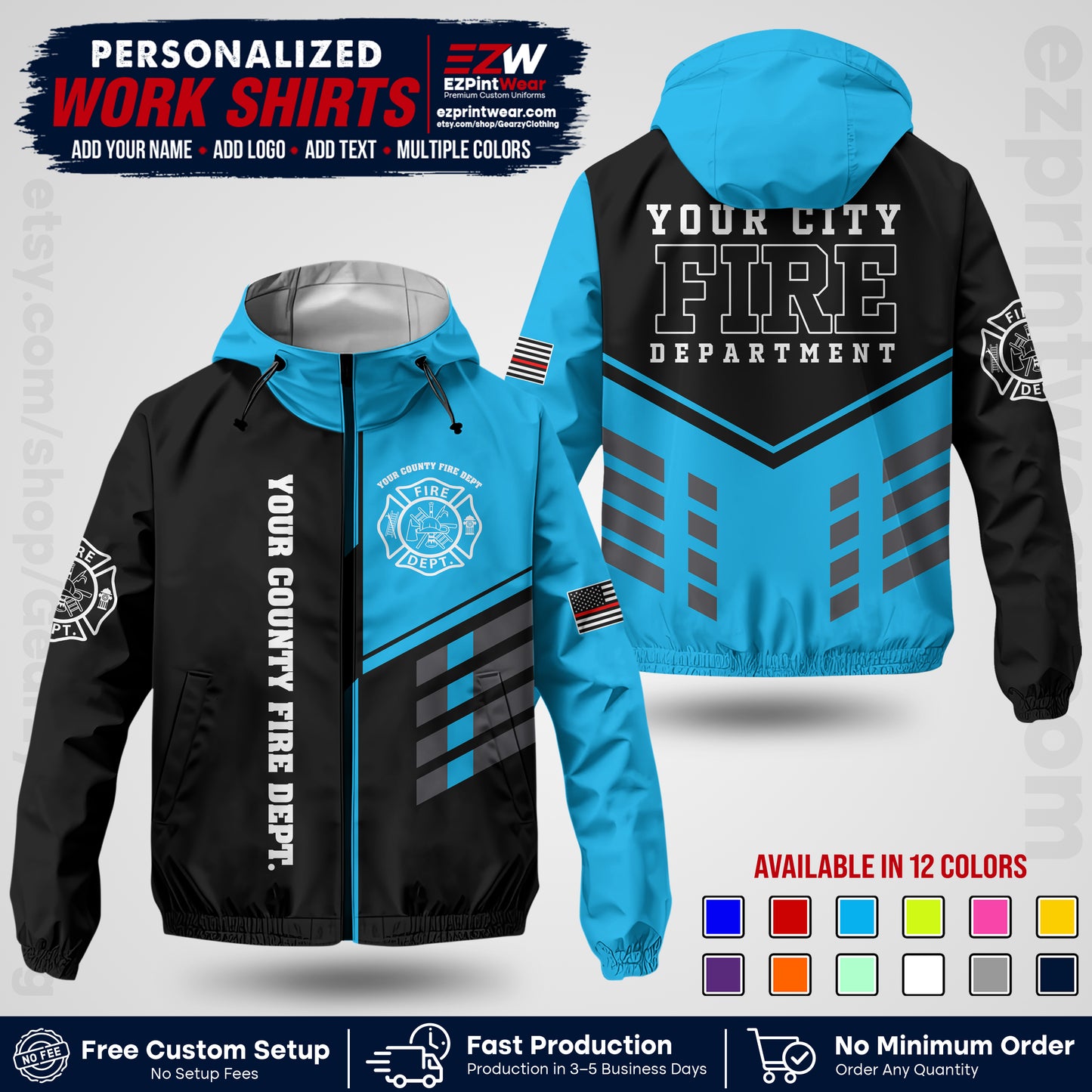Custom Firefighter Windbreaker Jacket with Name, City Logo & Text | Fire Department Uniform | Employee Workwear FFJK03