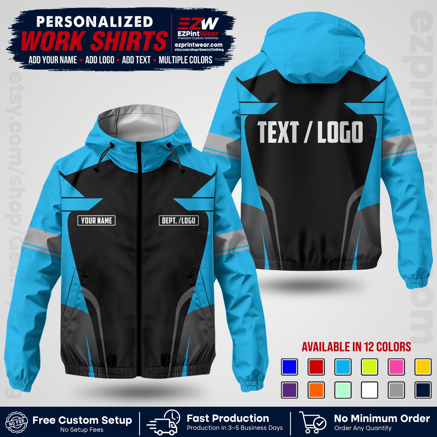 Custom Windbreaker Jacket with Name, Logo & Text, All Over Print Company Workwear, Employee Uniform WBJK02