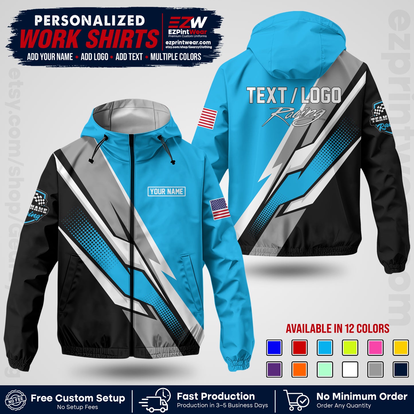 Custom Racing Windbreaker Jacket with Name, Logo & Text | Race Team Uniform | Motorsport Apparel RCJK01
