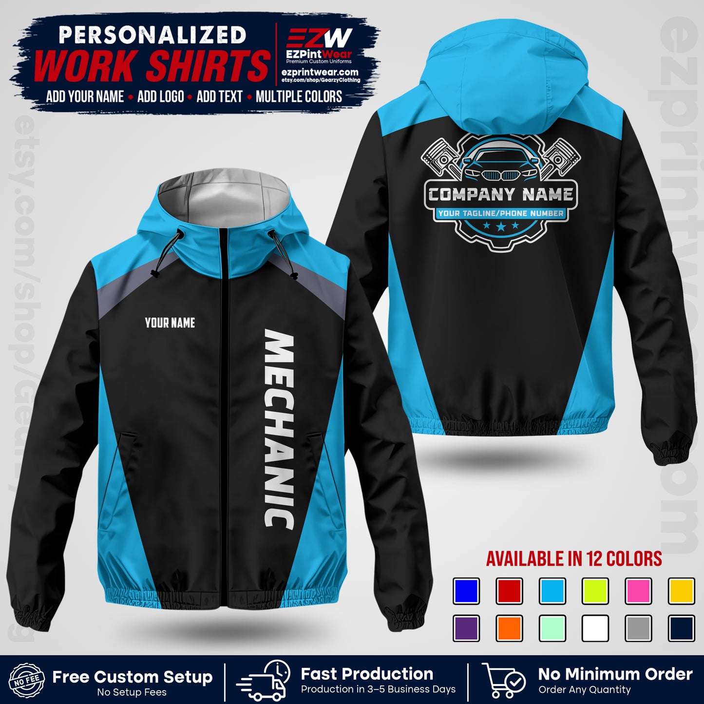 Custom Mechanic Work Shirt with Name, Logo & Text | Auto Shop Uniform | Company Workwear | Employee Uniform MCNJK02