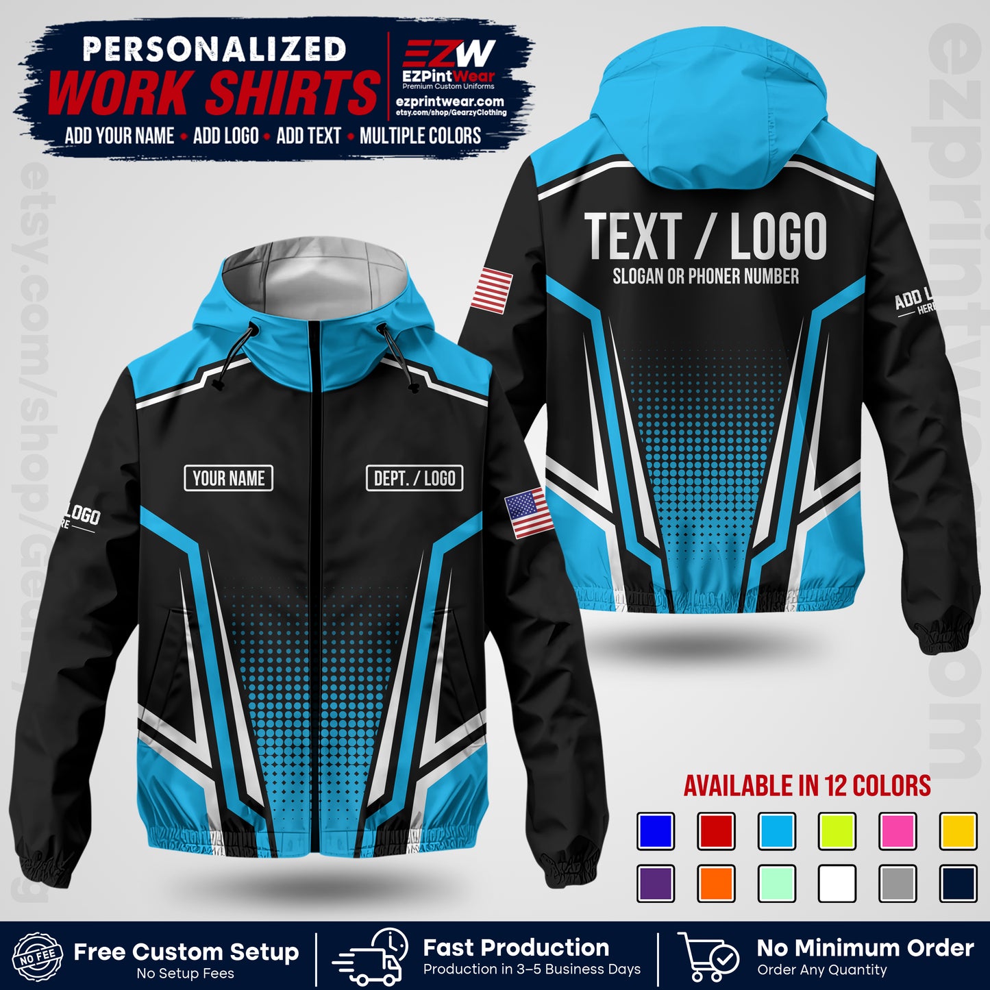 Custom Windbreaker Jacket with Name, Logo & Text, All Over Print Company Workwear, Employee Uniform WBJK17