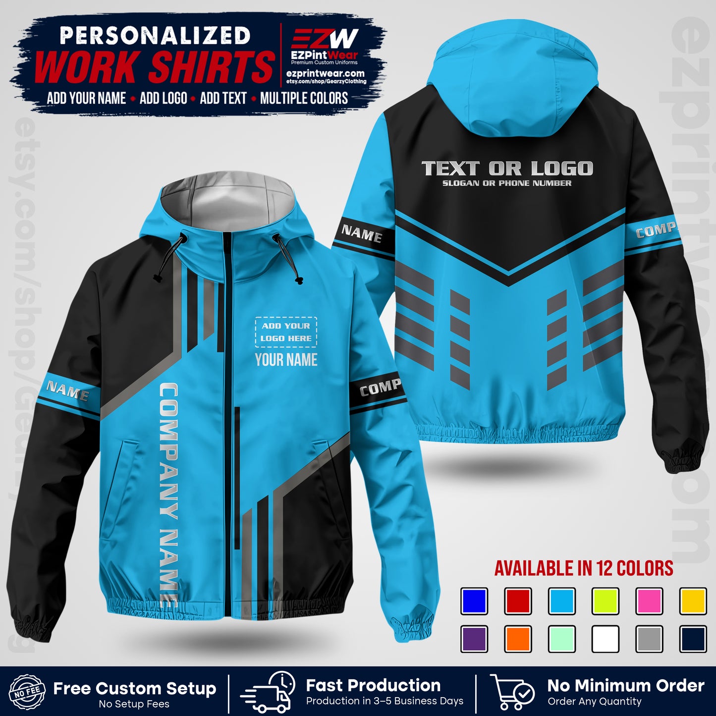 Custom Windbreaker Jacket with Name, Logo & Text, All Over Print Company Workwear, Employee Uniform WBJK10