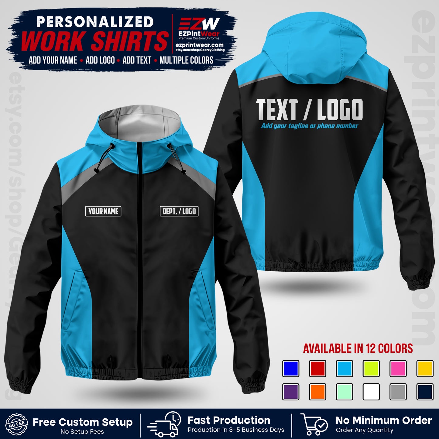 Custom Windbreaker Jacket with Name, Logo & Text, All Over Print Company Workwear, Employee Uniform WBJK05