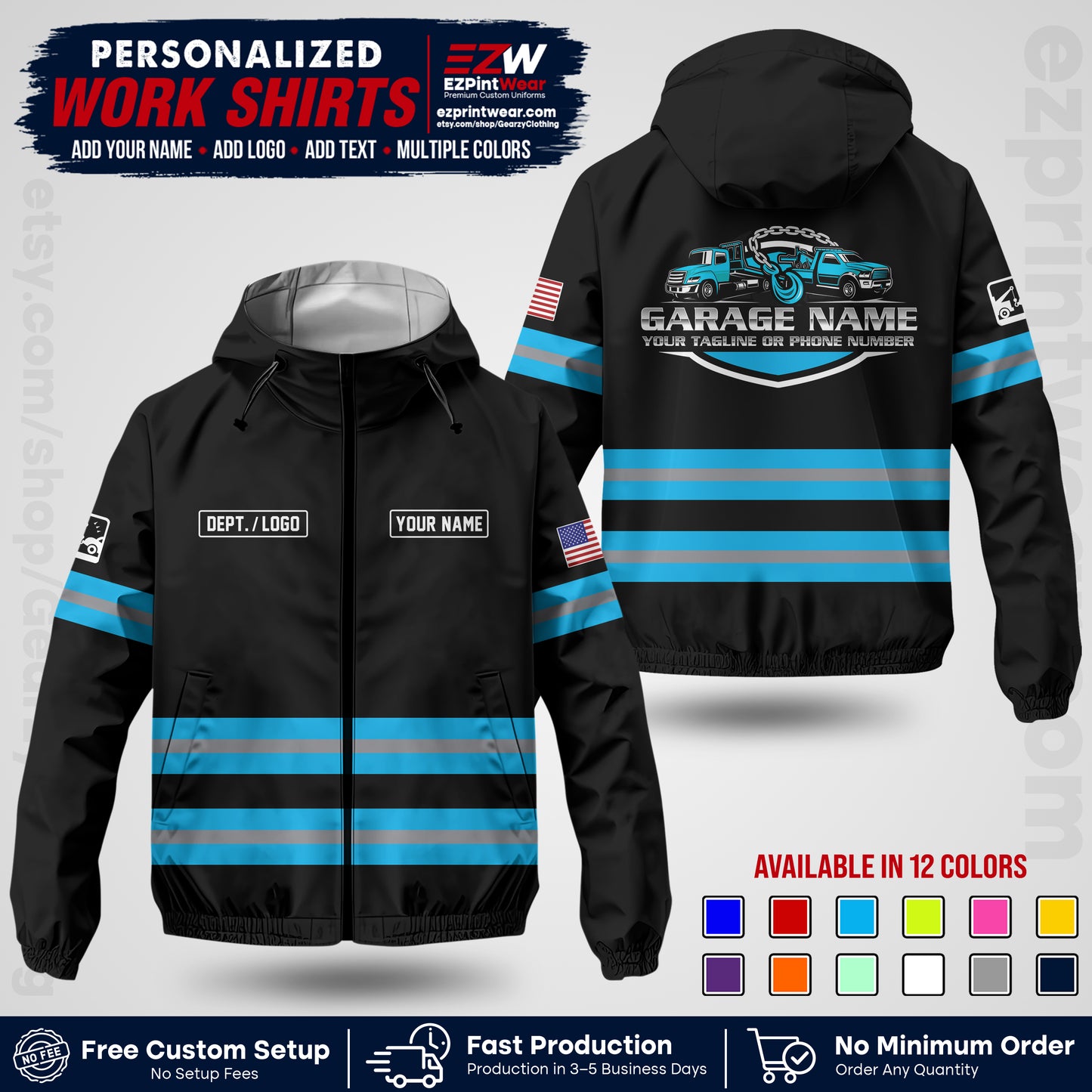 Custom Towing Windbreaker Jacket | Personalized Tow Truck Workwear | Non-Reflective Safety Stripe Jacket | Add Name Logo Text | Custom Windbreaker Jacket | Tow Truck Jacket TWJK 03