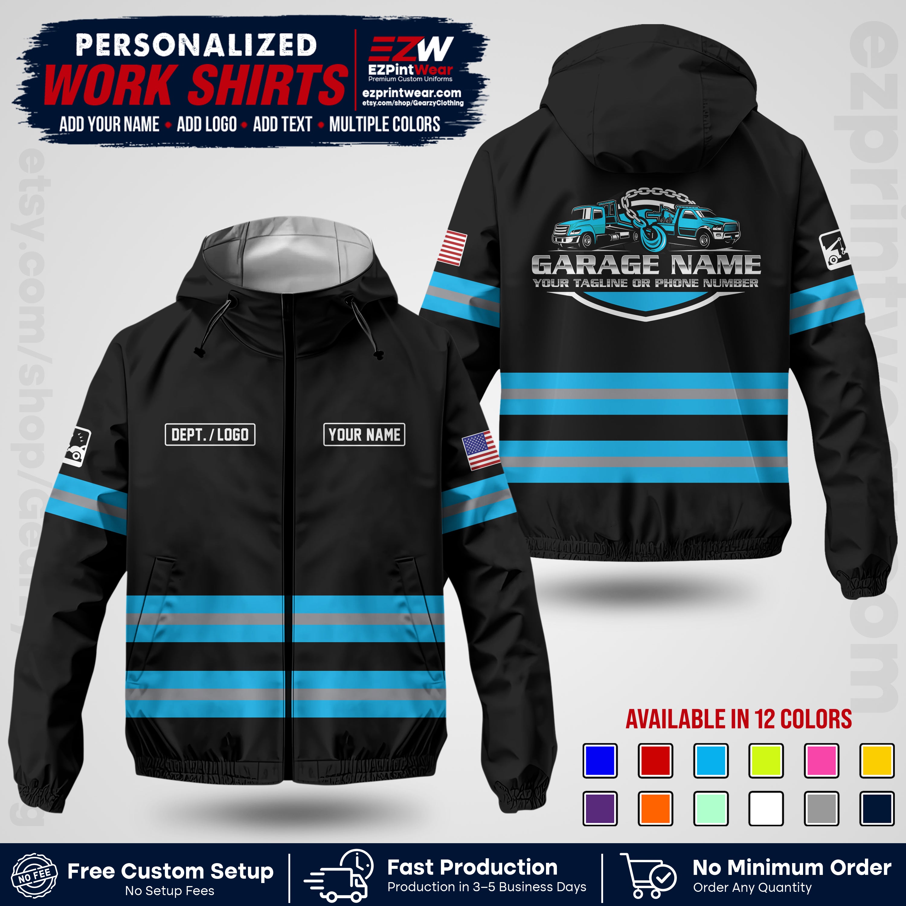 Custom Towing Windbreaker Jacket | Personalized Tow Truck Workwear | Non-Reflective Safety Stripe Jacket | Add Name Logo Text | Custom Windbreaker Jacket | Tow Truck Jacket TWJK 03