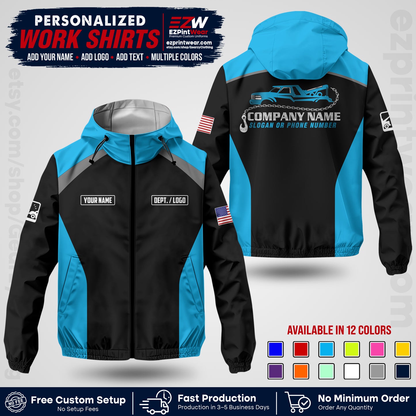 Custom Towing Windbreaker Jacket with Name, Logo & Text | Towing Company Uniform | Workwear TWJK 01