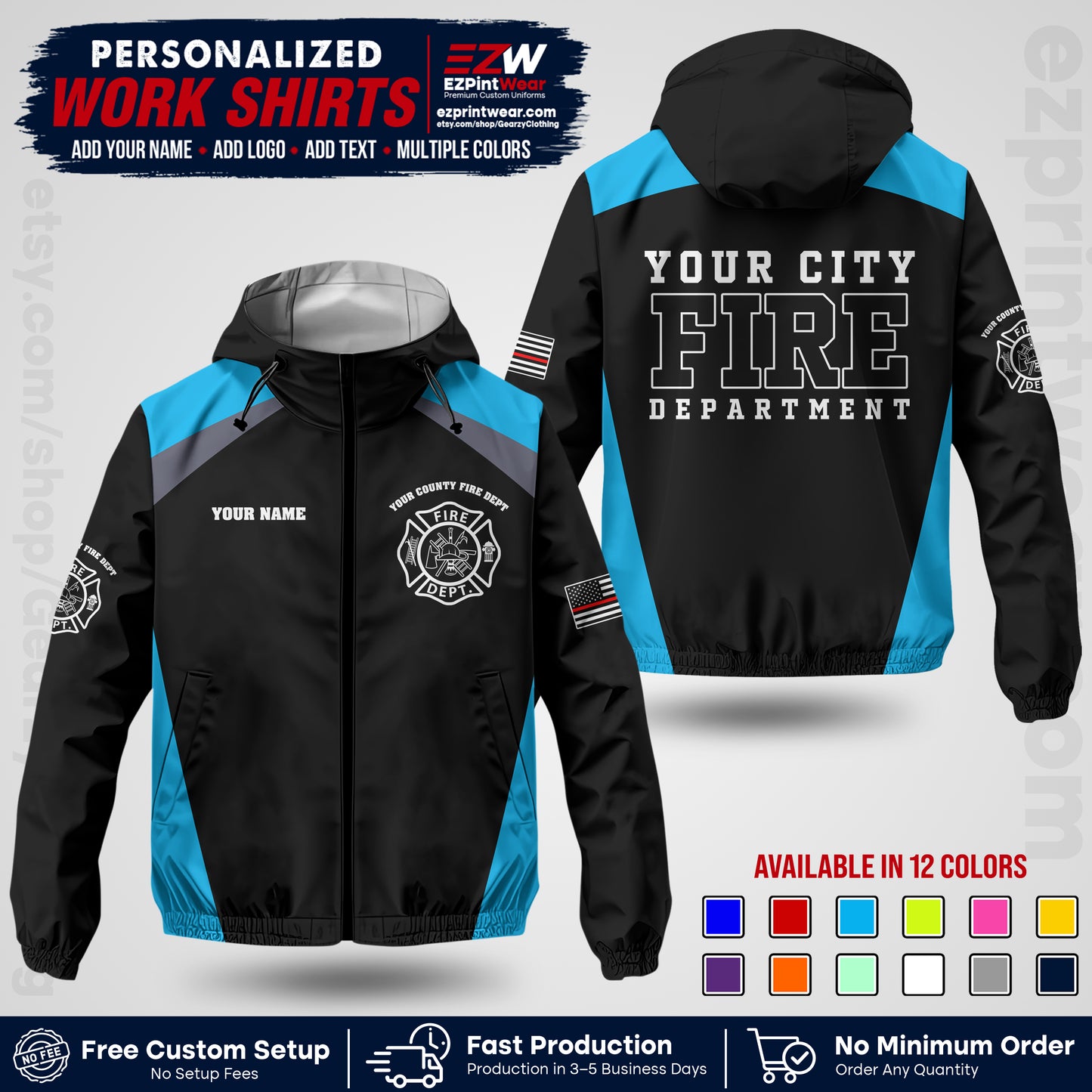 Custom Firefighter Windbreaker Jacket with Name, City Logo & Text | Fire Department Uniform | Employee Workwear FFJK04