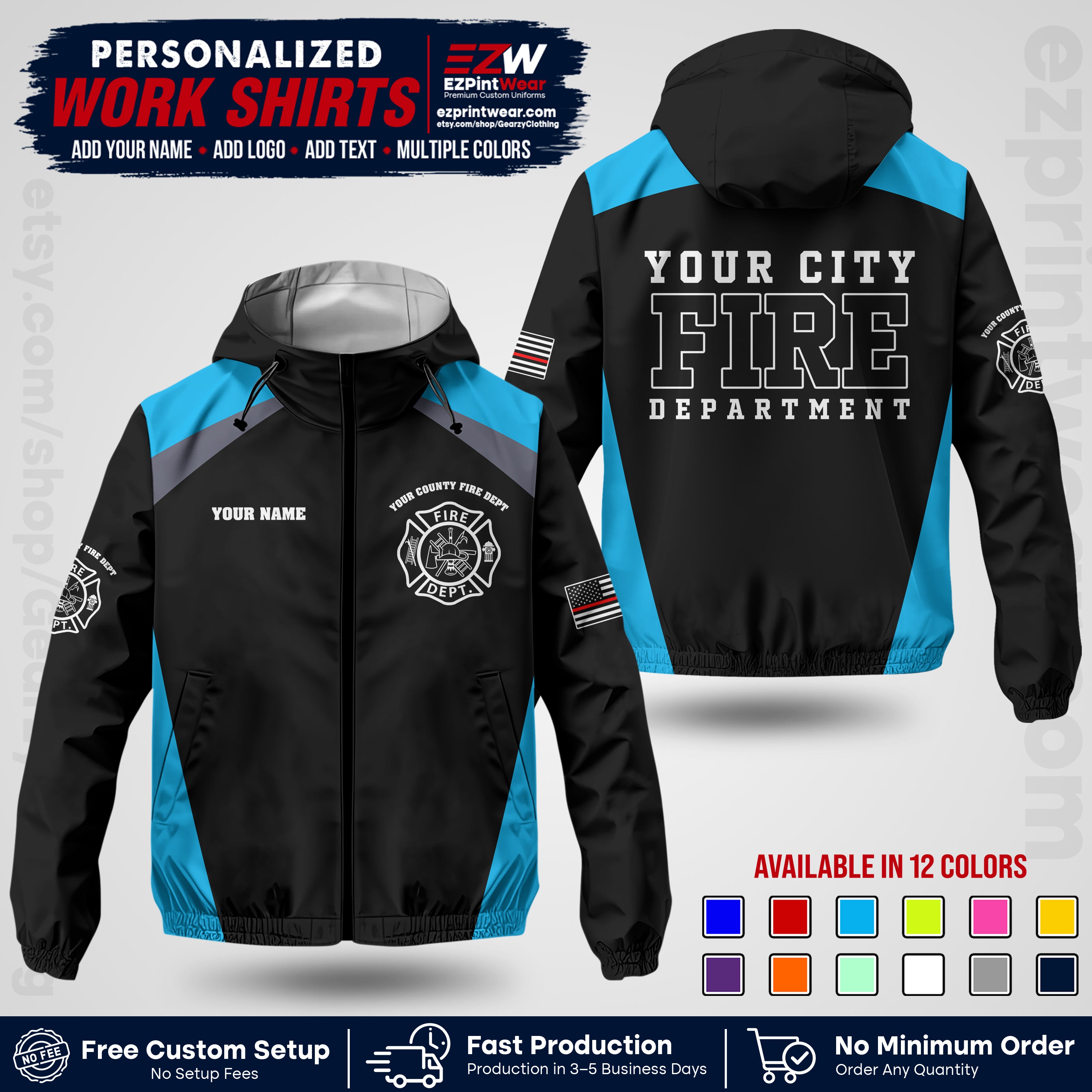 Custom Firefighter Windbreaker Jacket with Name, City Logo & Text | Fire Department Uniform | Employee Workwear FFJK04