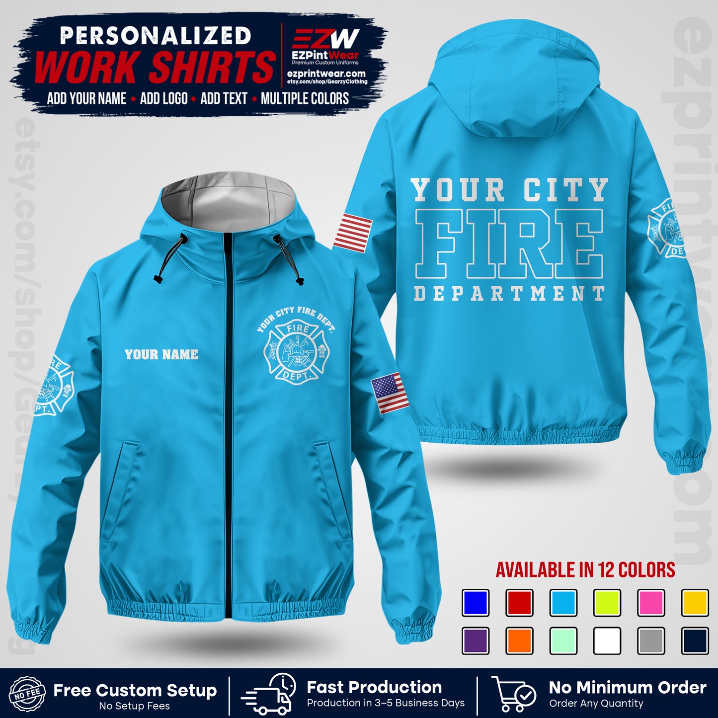Custom Firefighter Windbreaker Jacket with Name, City Logo & Text | Fire Department Uniform | Employee Workwear FFJK01