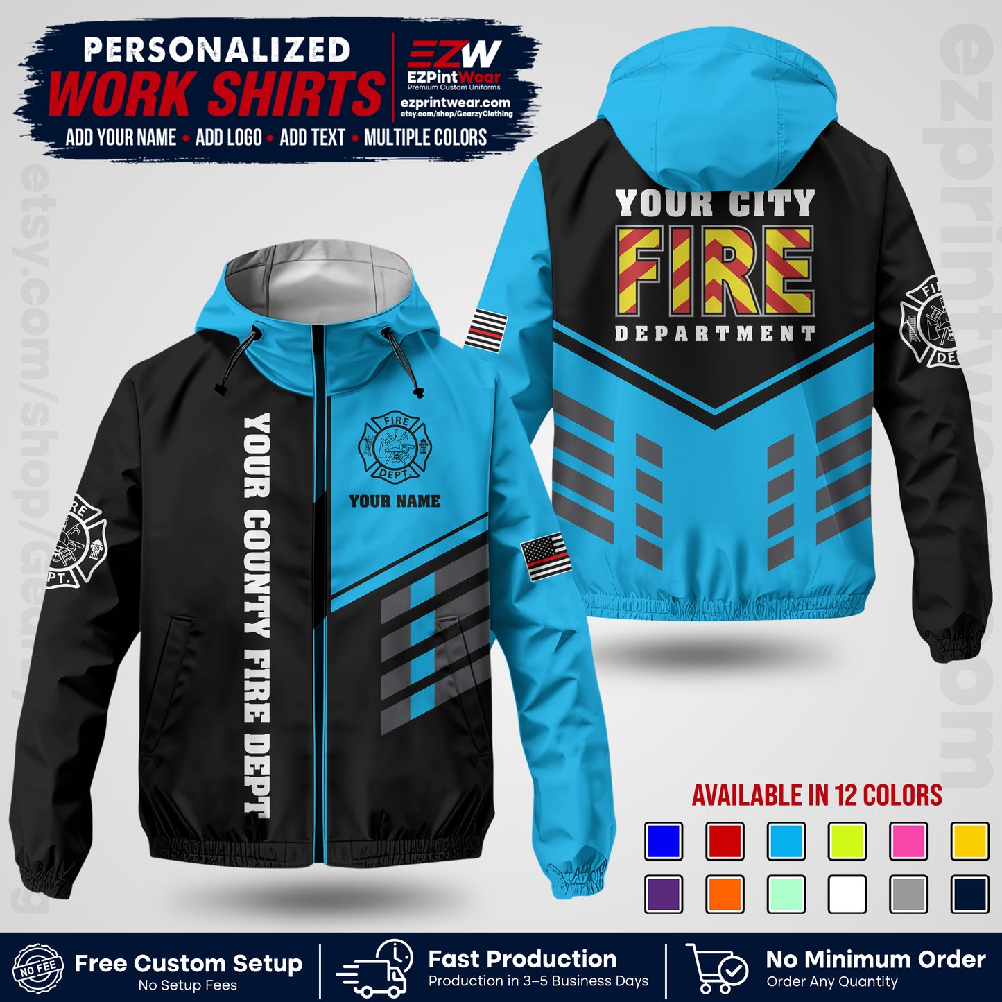 Custom Firefighter Windbreaker Jacket with Name, City Logo & Text | Fire Department Uniform | Employee Workwear FFJK06