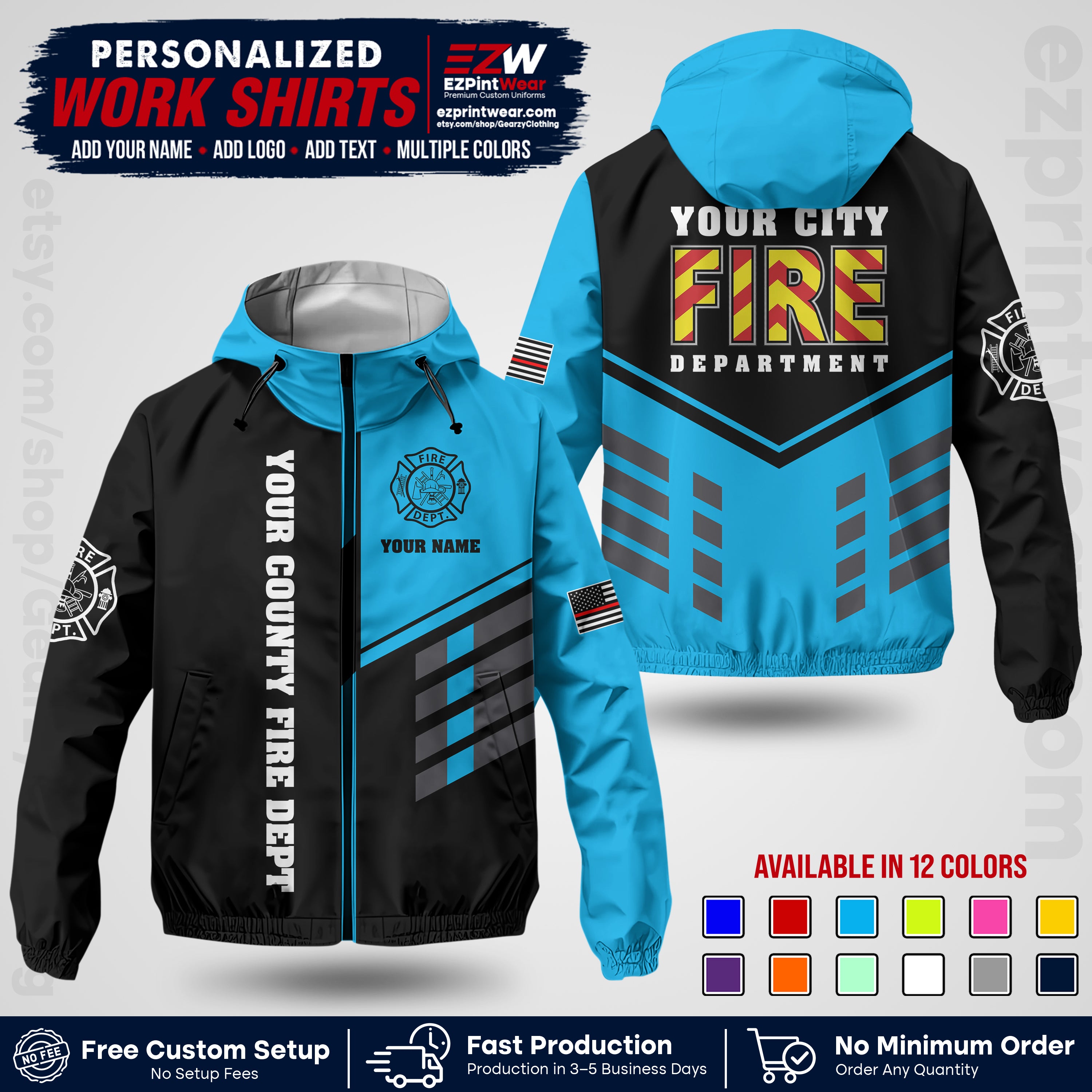 Custom Firefighter Windbreaker Jacket with Name, City Logo & Text | Fire Department Uniform | Employee Workwear FFJK06