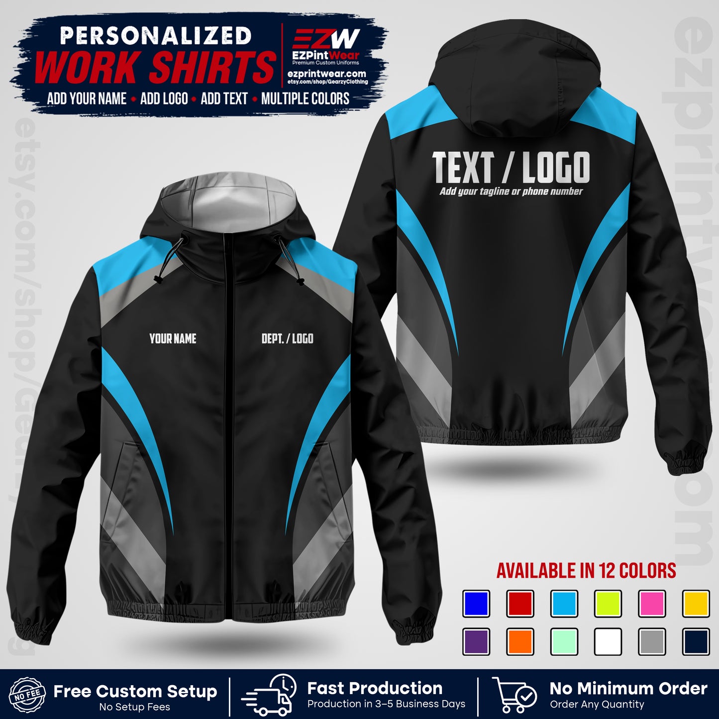 Custom Windbreaker Jacket with Name, Logo & Text, All Over Print Company Workwear, Employee Uniform WBJK04