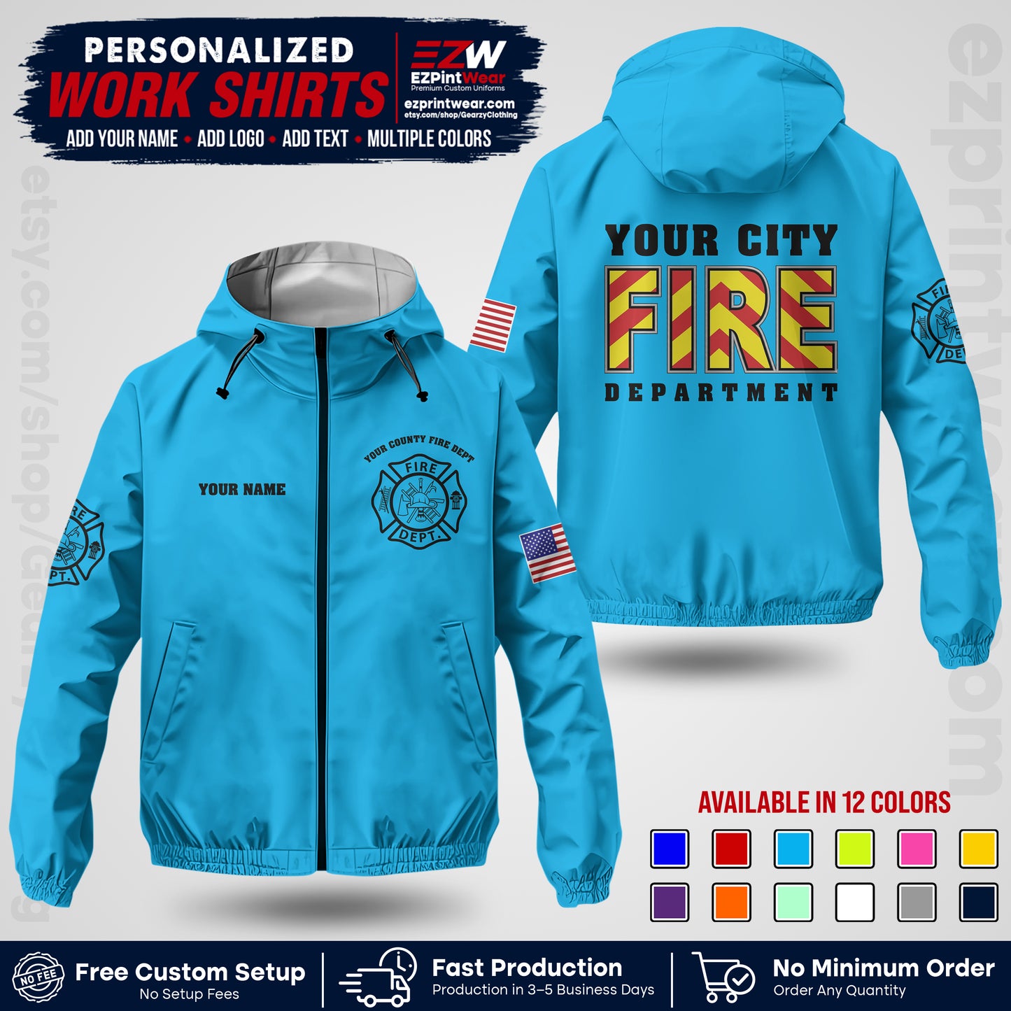 Custom Firefighter Windbreaker Jacket with Name, City Logo & Text | Fire Department Uniform | Employee Workwear FFJK05