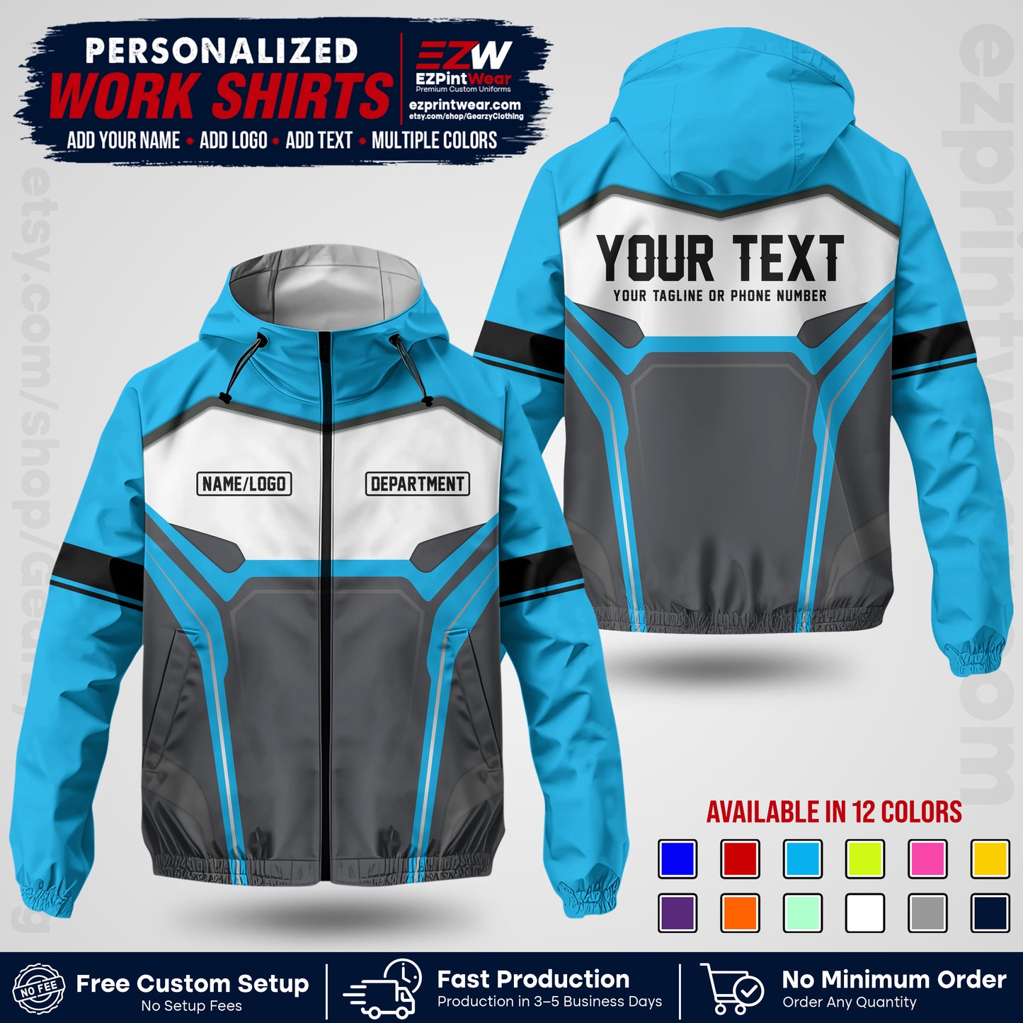 Custom Windbreaker Jacket with Name, Logo & Text, All Over Print Company Workwear, Employee Uniform WBJK06