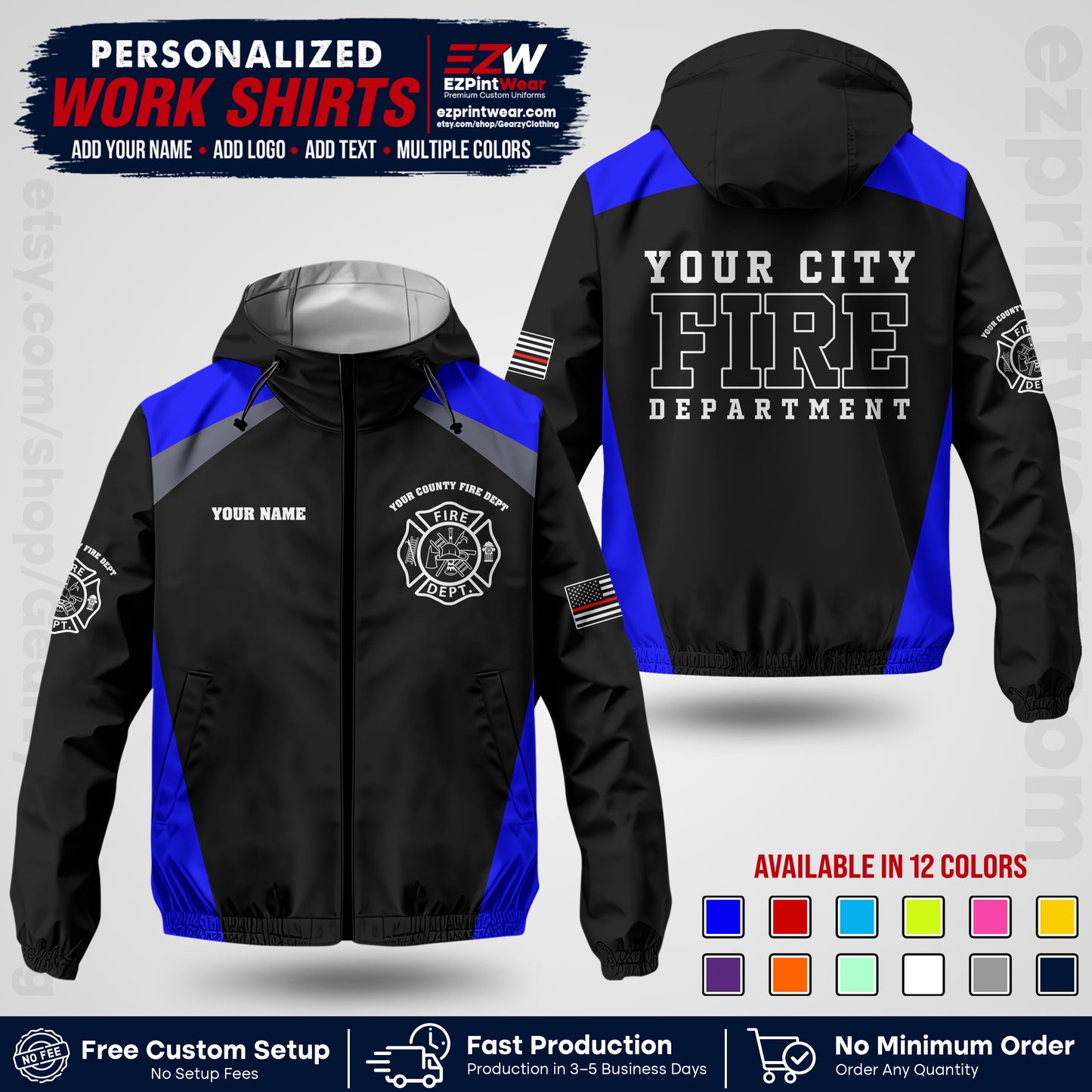 Custom Firefighter Windbreaker Jacket with Name, City Logo & Text | Fire Department Uniform | Employee Workwear FFJK04
