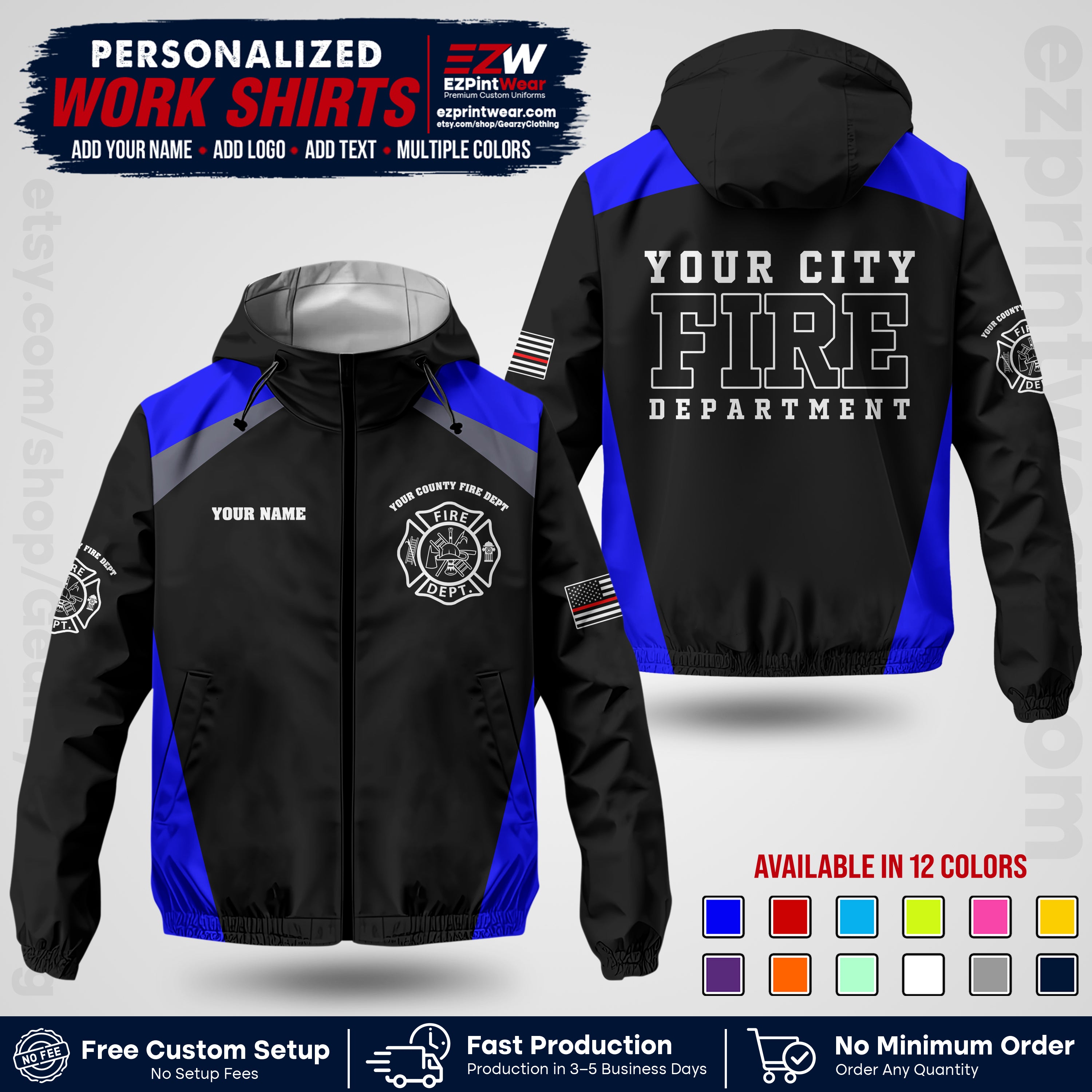 Custom Firefighter Windbreaker Jacket with Name, City Logo & Text | Fire Department Uniform | Employee Workwear FFJK04