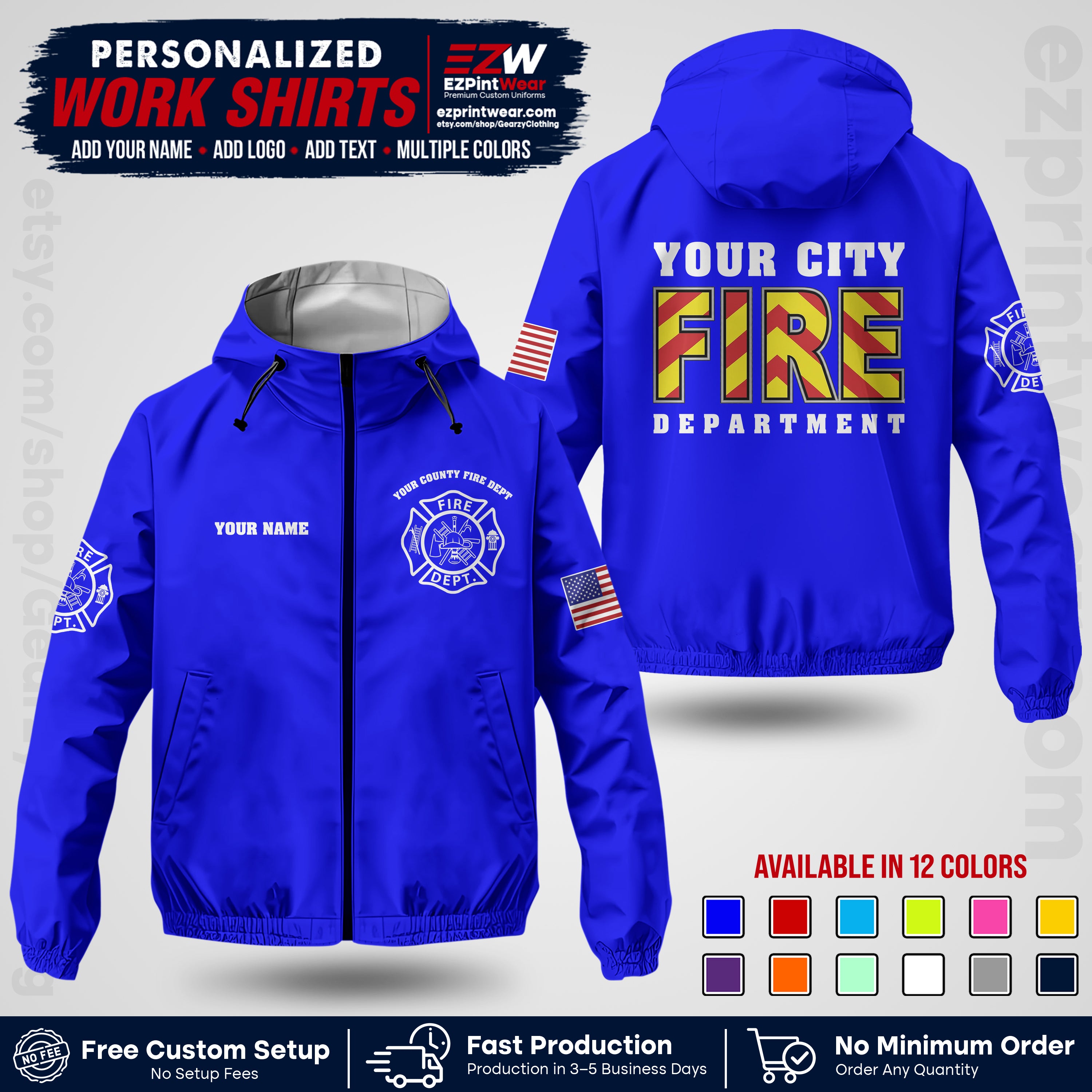 Custom Firefighter Windbreaker Jacket with Name, City Logo & Text | Fire Department Uniform | Employee Workwear FFJK05