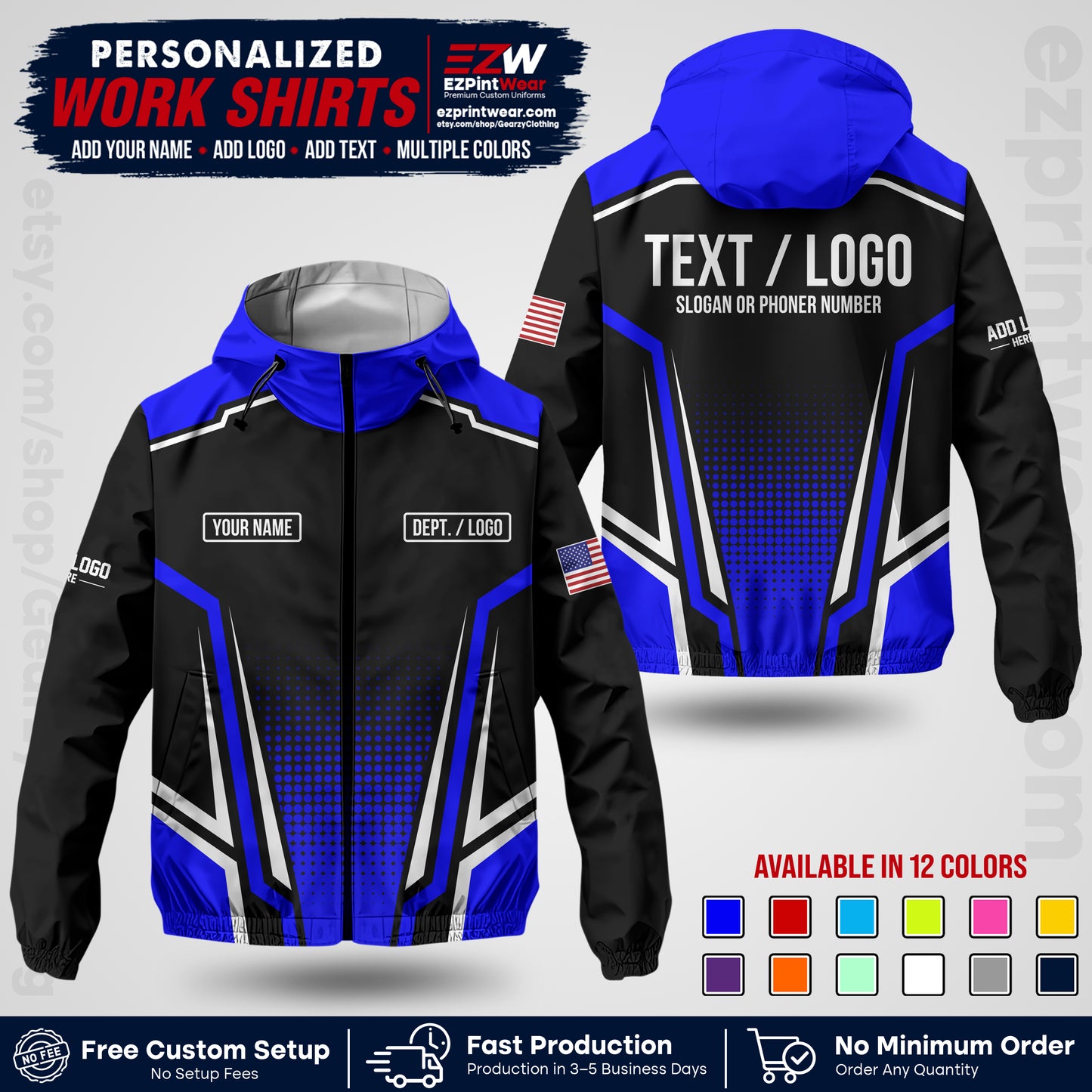 Custom Windbreaker Jacket with Name, Logo & Text, All Over Print Company Workwear, Employee Uniform WBJK17