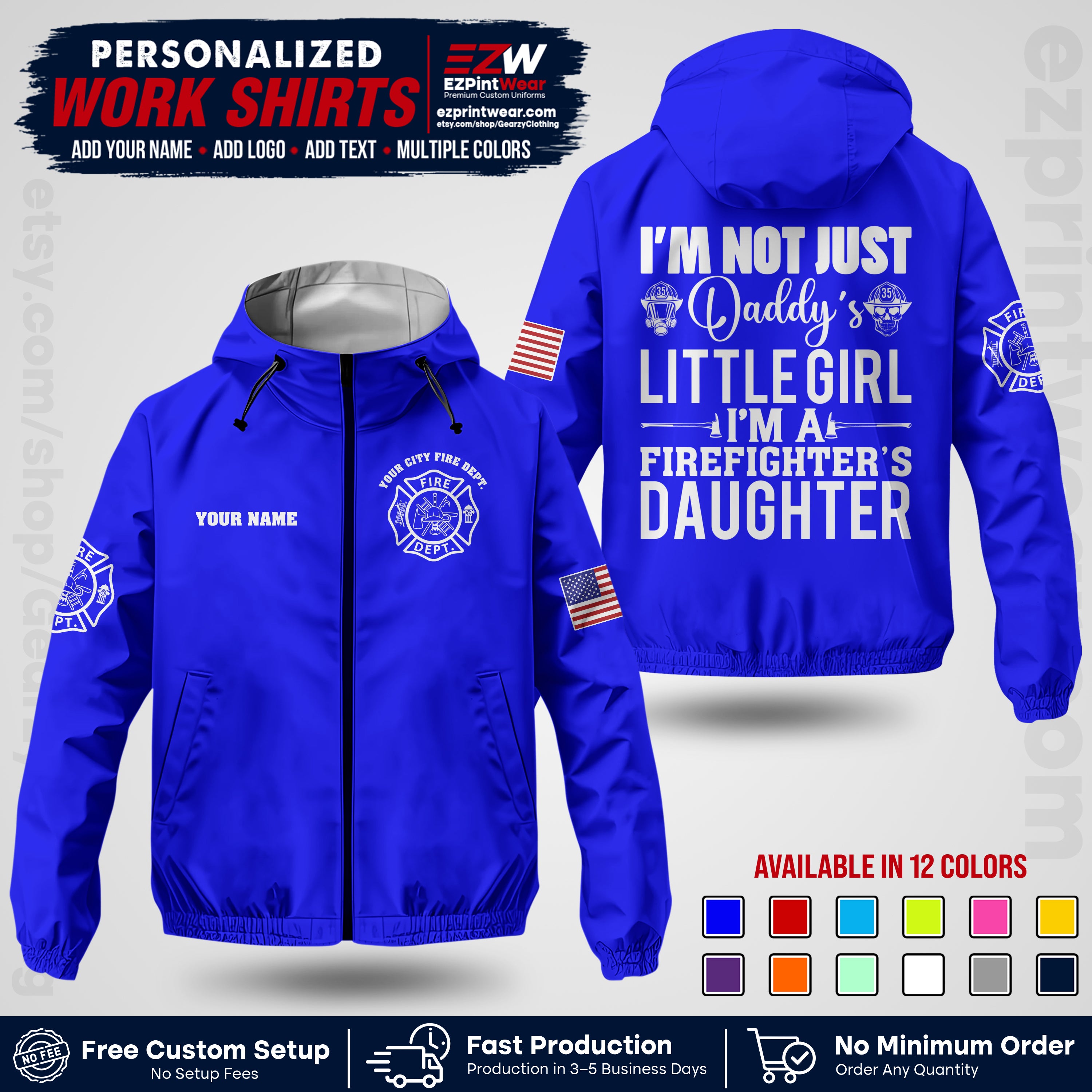 Custom Firefighter Windbreaker Jacket with Name, City Logo & Text | Fire Department Uniform | Employee Workwear FFJK08