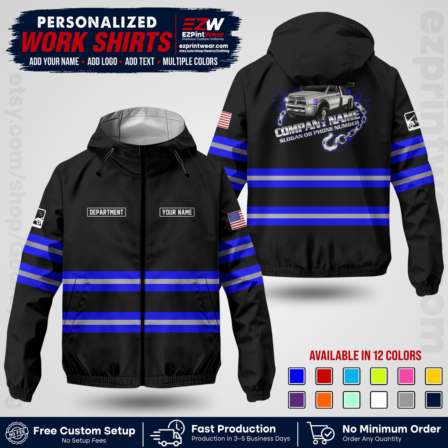 Custom Towing Windbreaker Jacket | Personalized Tow Truck Workwear | Non-Reflective Safety Stripe Jacket | Add Name Logo Text | Custom Windbreaker Jacket | Tow Truck Jacket TWJK 05