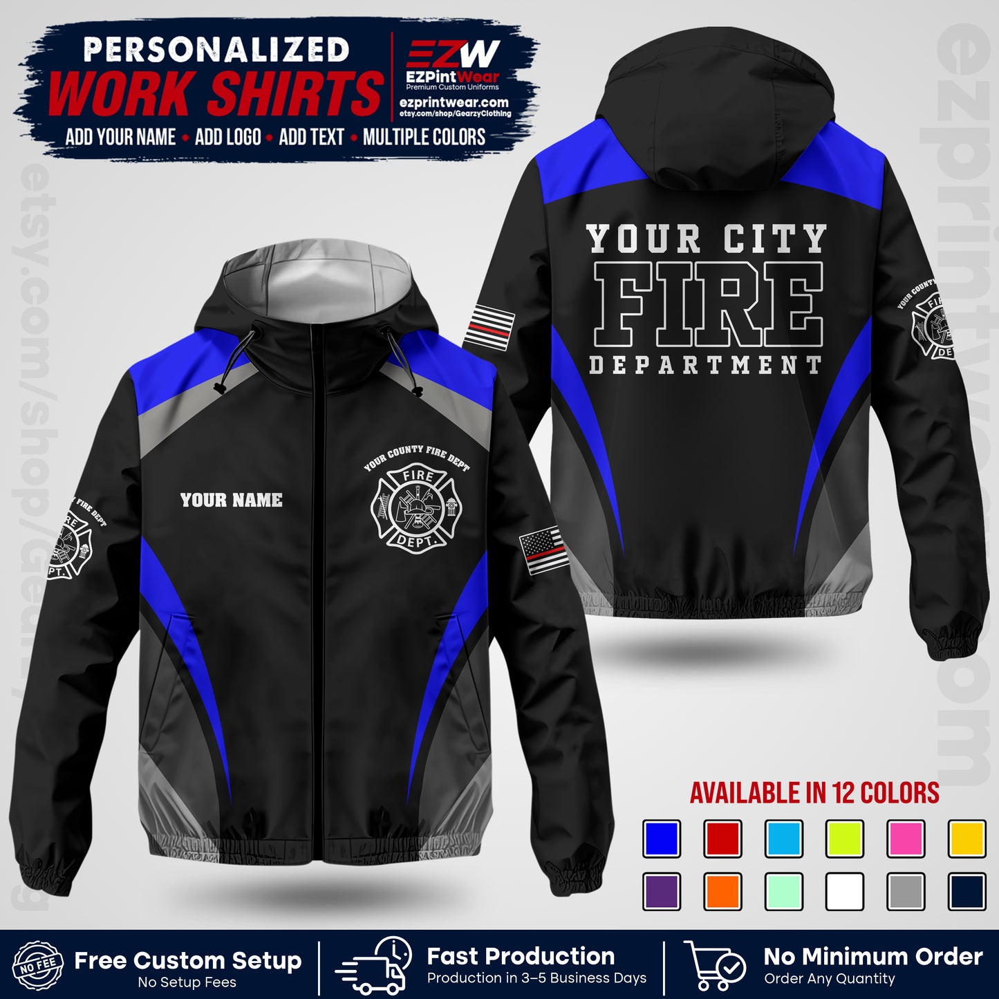 Custom Firefighter Windbreaker Jacket with Name, City Logo & Text | Fire Department Uniform | Employee Workwear FFJK02