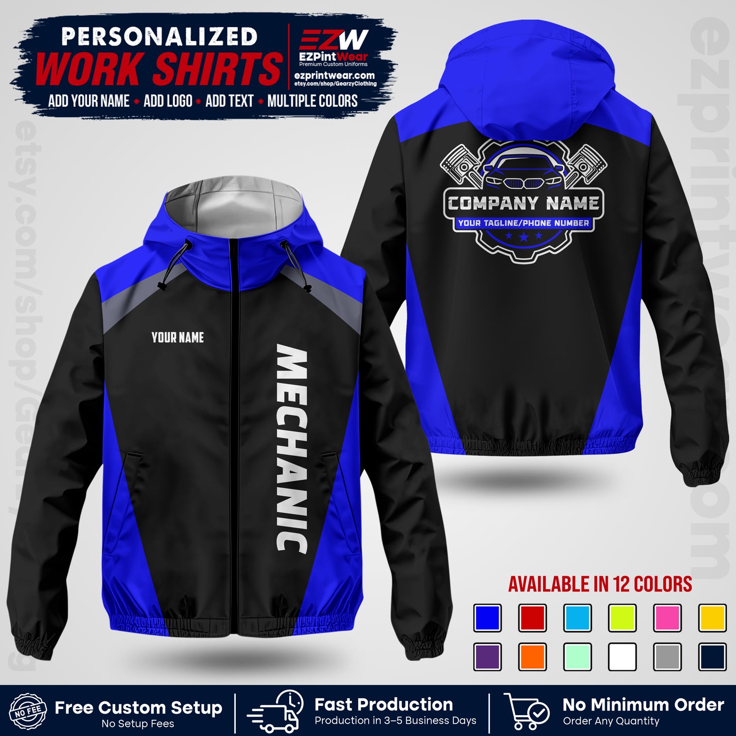 Custom Mechanic Work Shirt with Name, Logo & Text | Auto Shop Uniform | Company Workwear | Employee Uniform MCNJK02