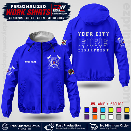 Custom Firefighter Windbreaker Jacket with Name, City Logo & Text | Fire Department Uniform | Employee Workwear FFJK07