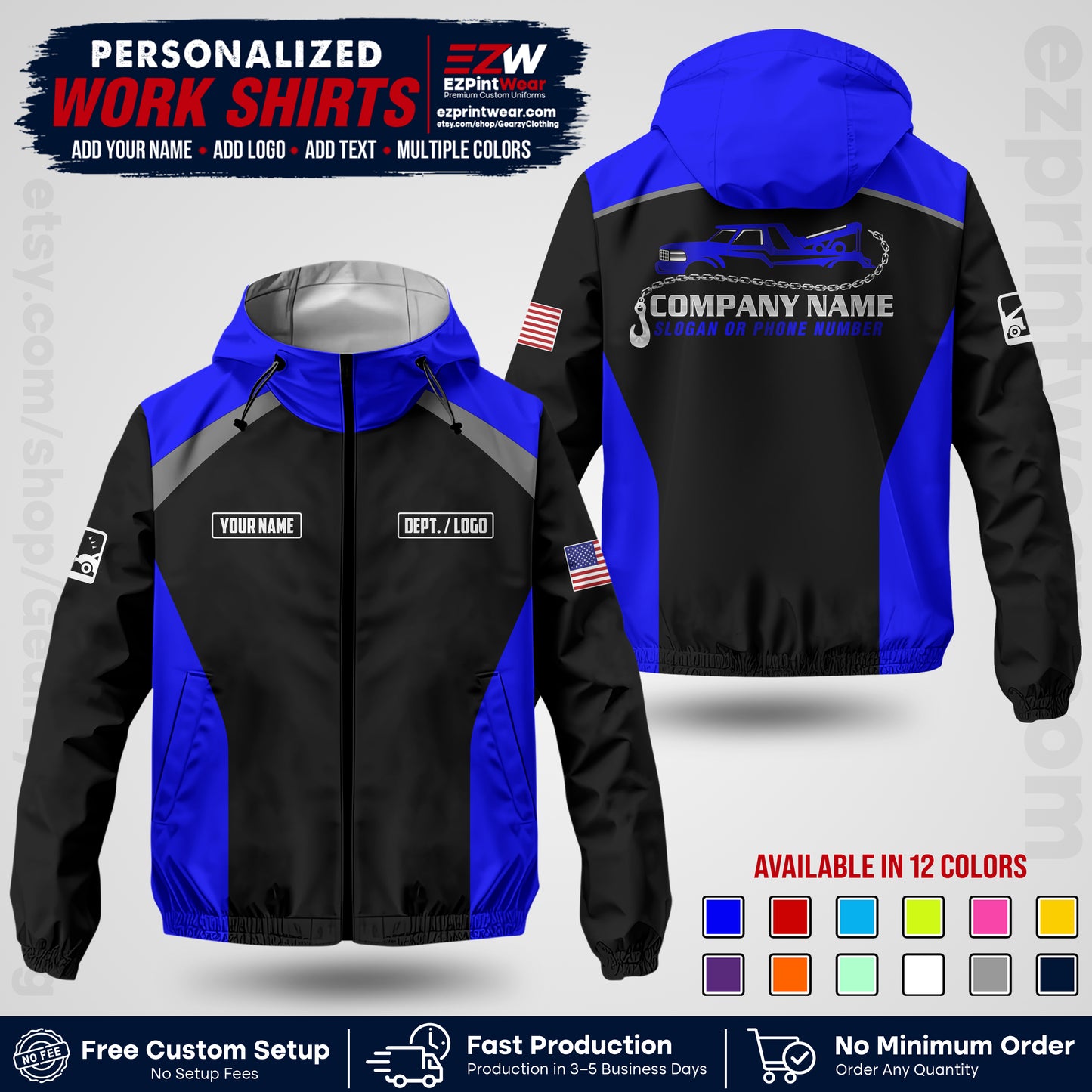 Custom Towing Windbreaker Jacket with Name, Logo & Text | Towing Company Uniform | Workwear TWJK 01