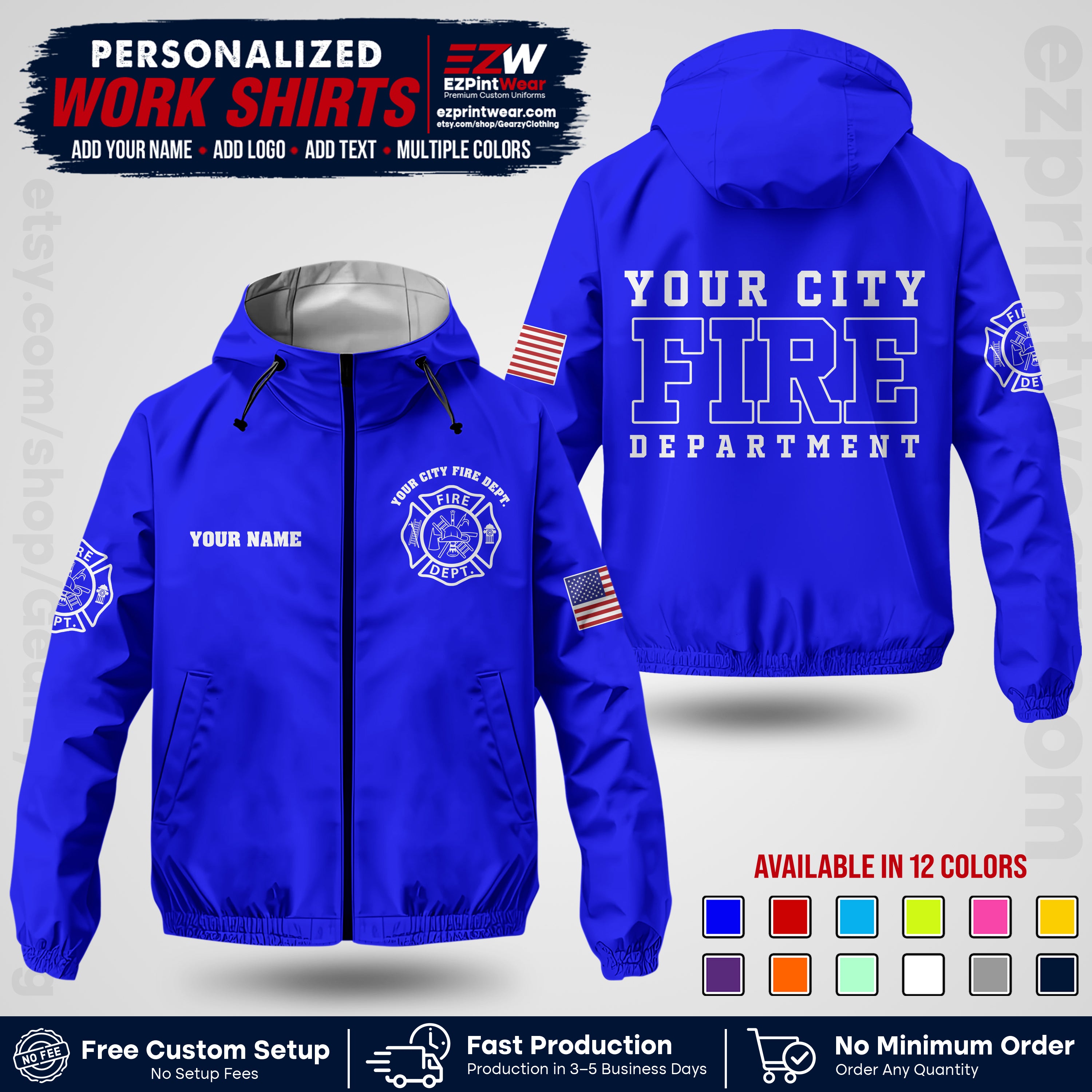 Custom Firefighter Windbreaker Jacket with Name, City Logo & Text | Fire Department Uniform | Employee Workwear FFJK01